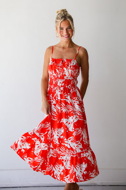 Perfect Paradise Orange Tropical Print Midi Dress