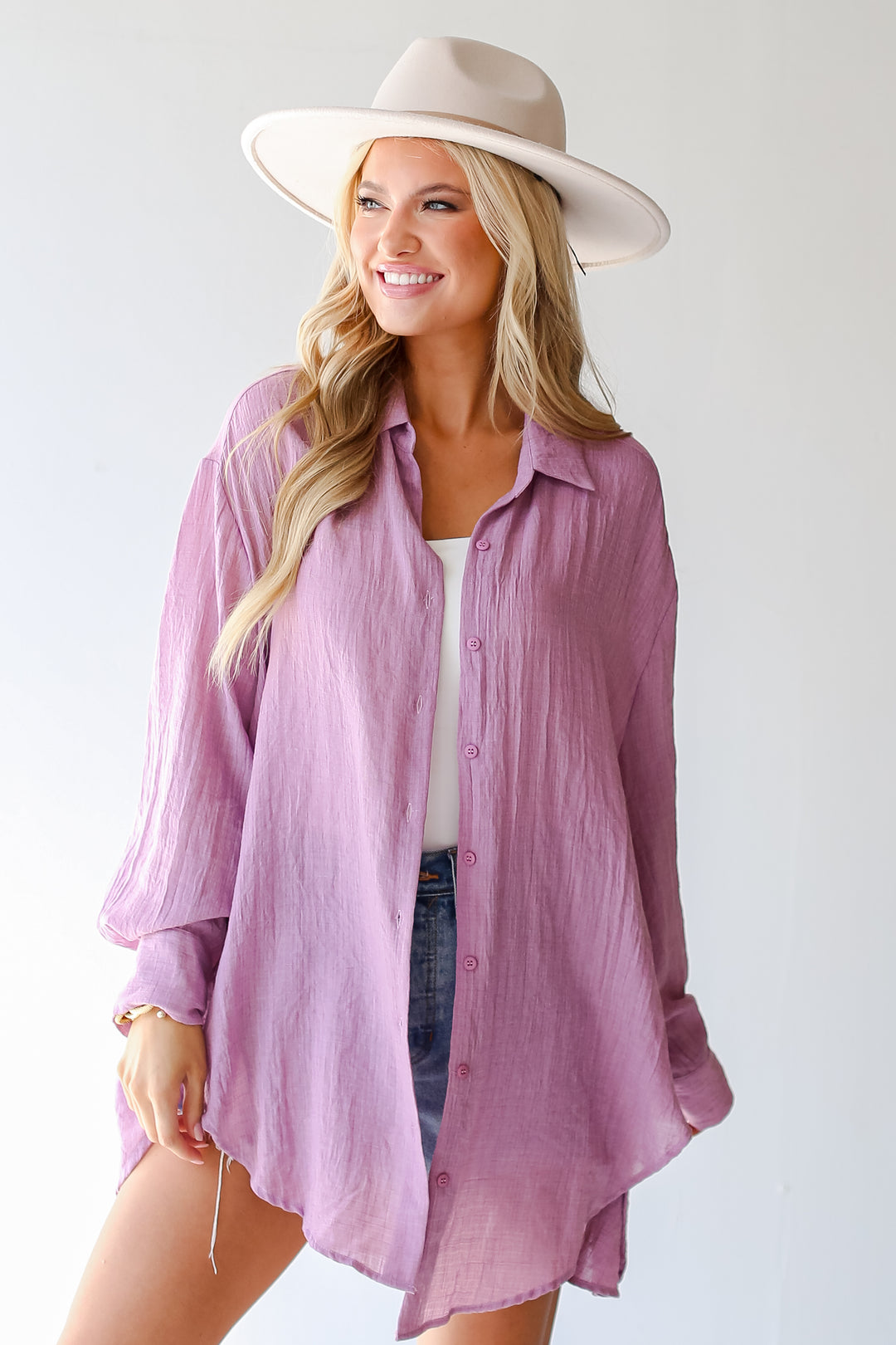 lavender Oversized Button-Up Blouse