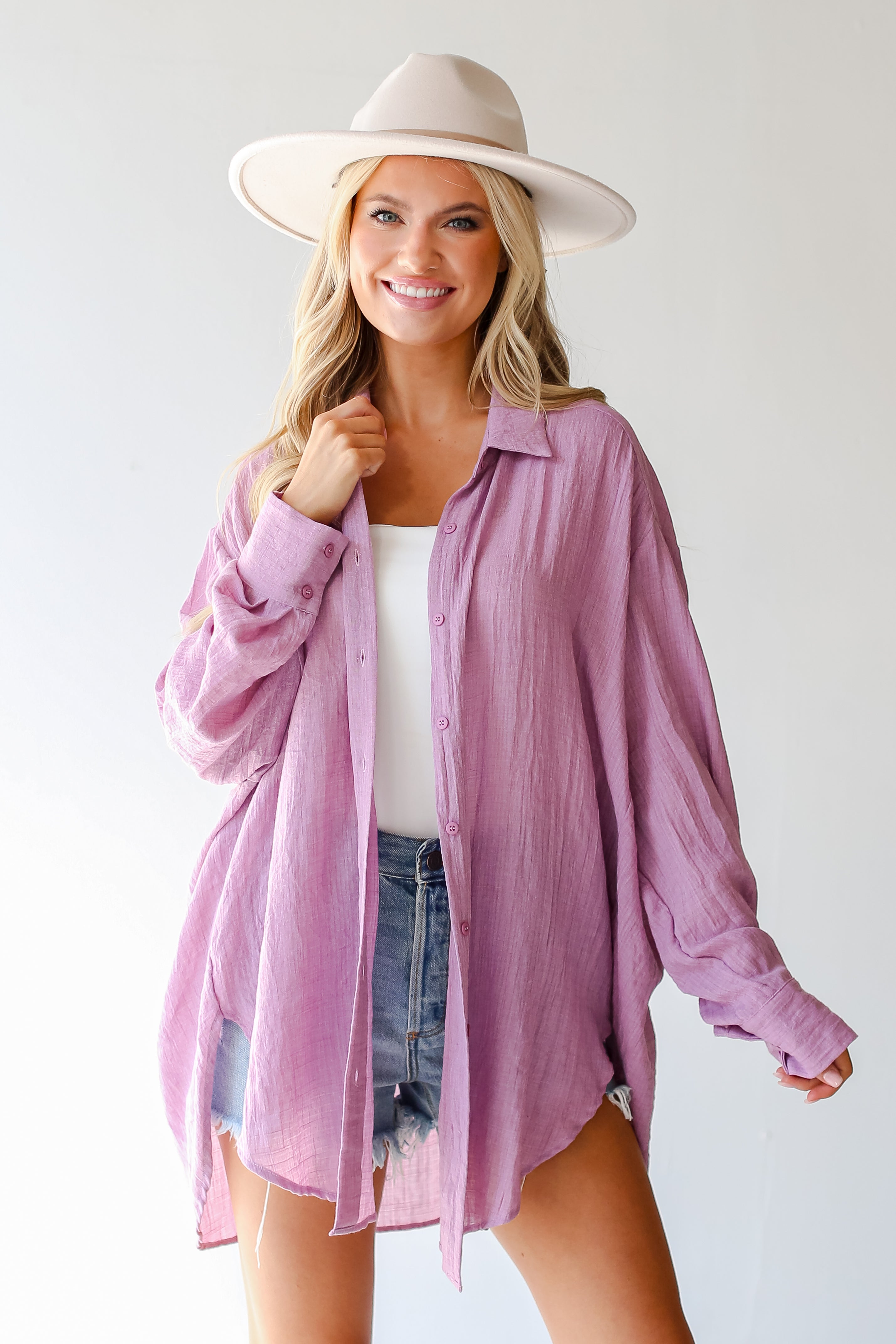 cute lavender Oversized Button-Up Blouse