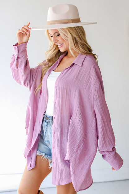 purple Oversized Button-Up Blouse