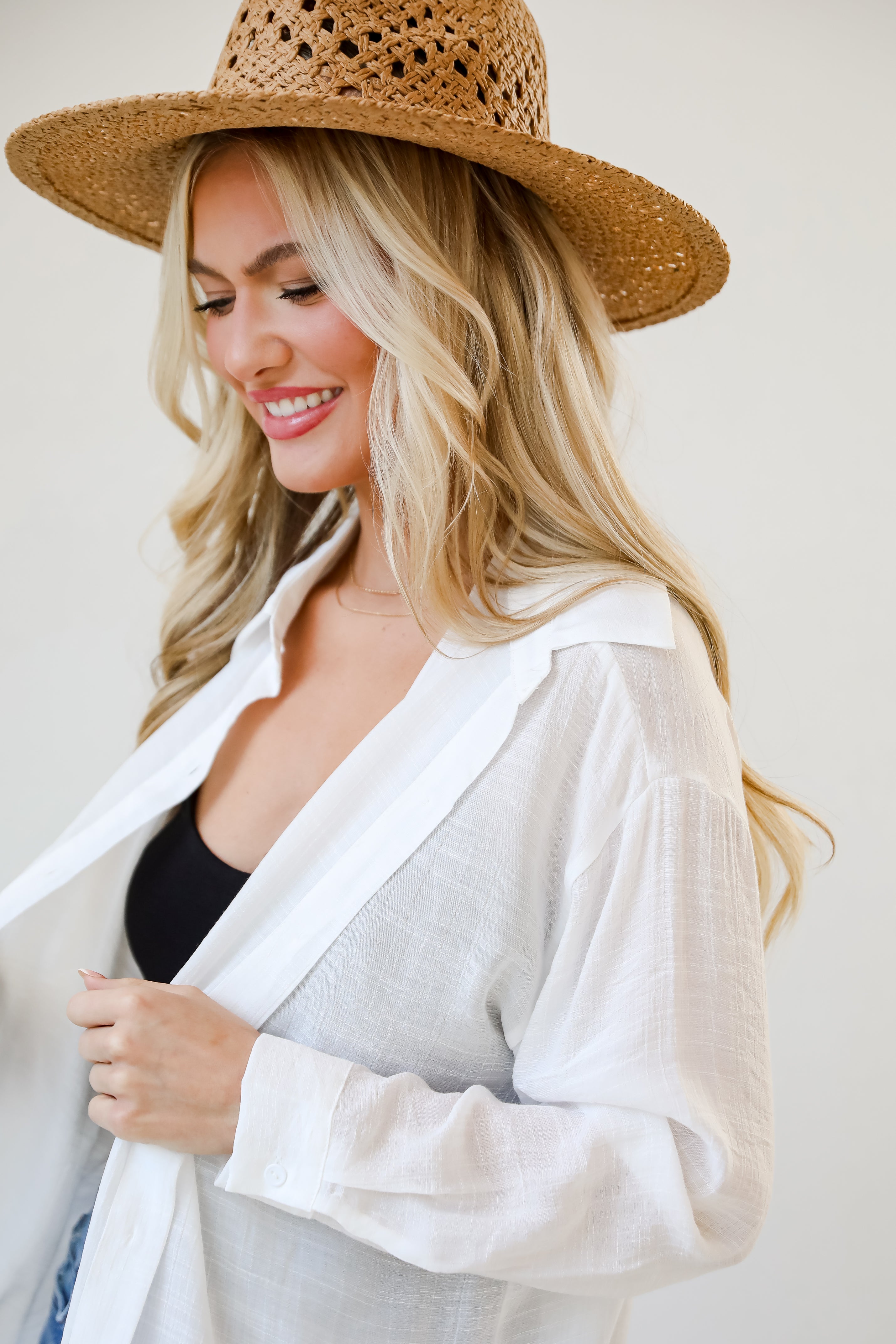 white Oversized Button-Up Blouse on model