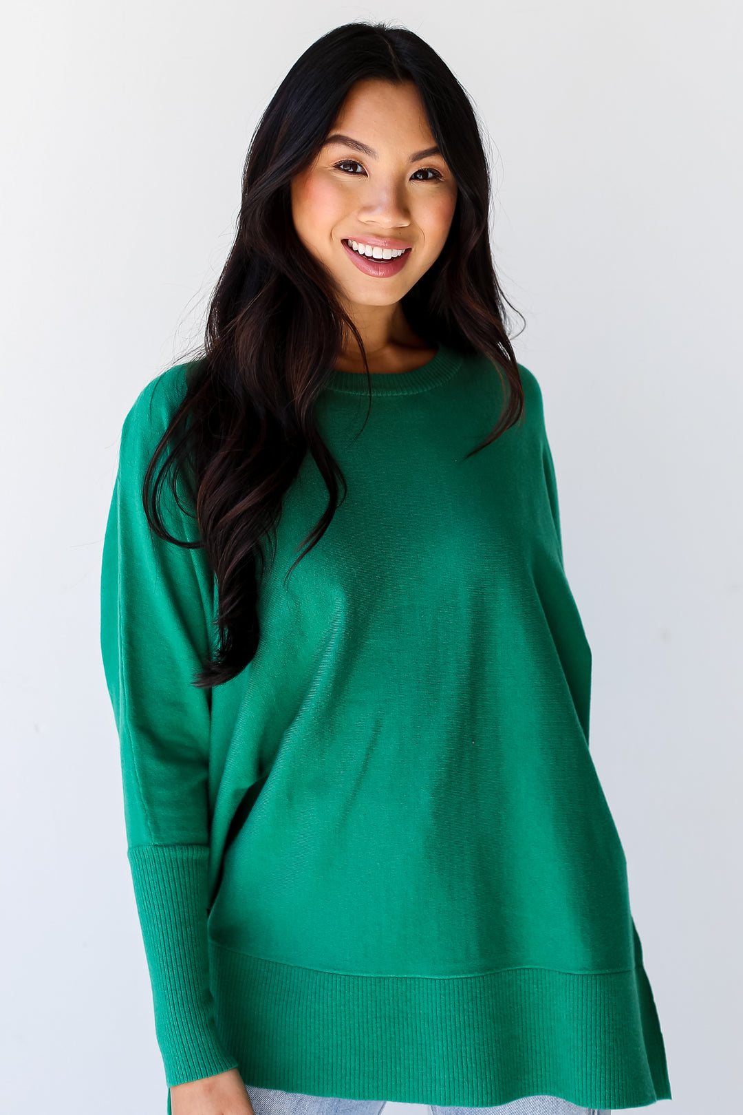 green Lightweight Knit Sweater front view