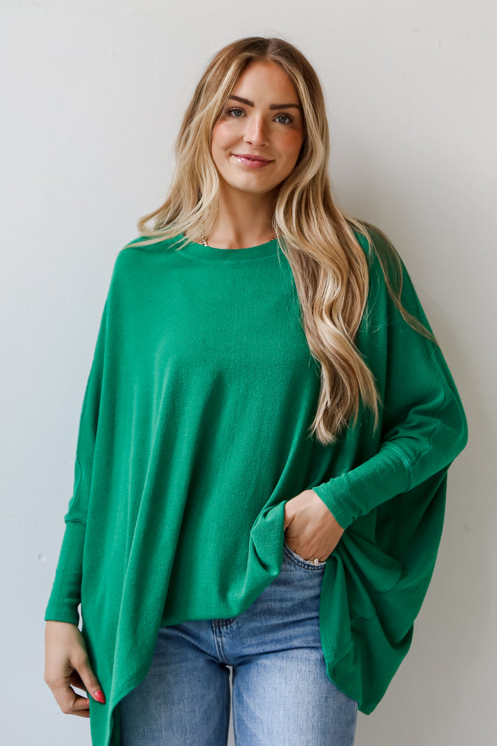 green Lightweight Knit Oversized Top front view