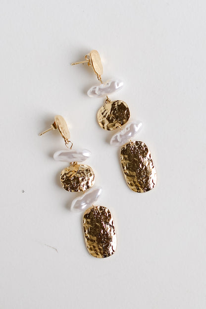 Gold Hammered Pearl Drop Earrings