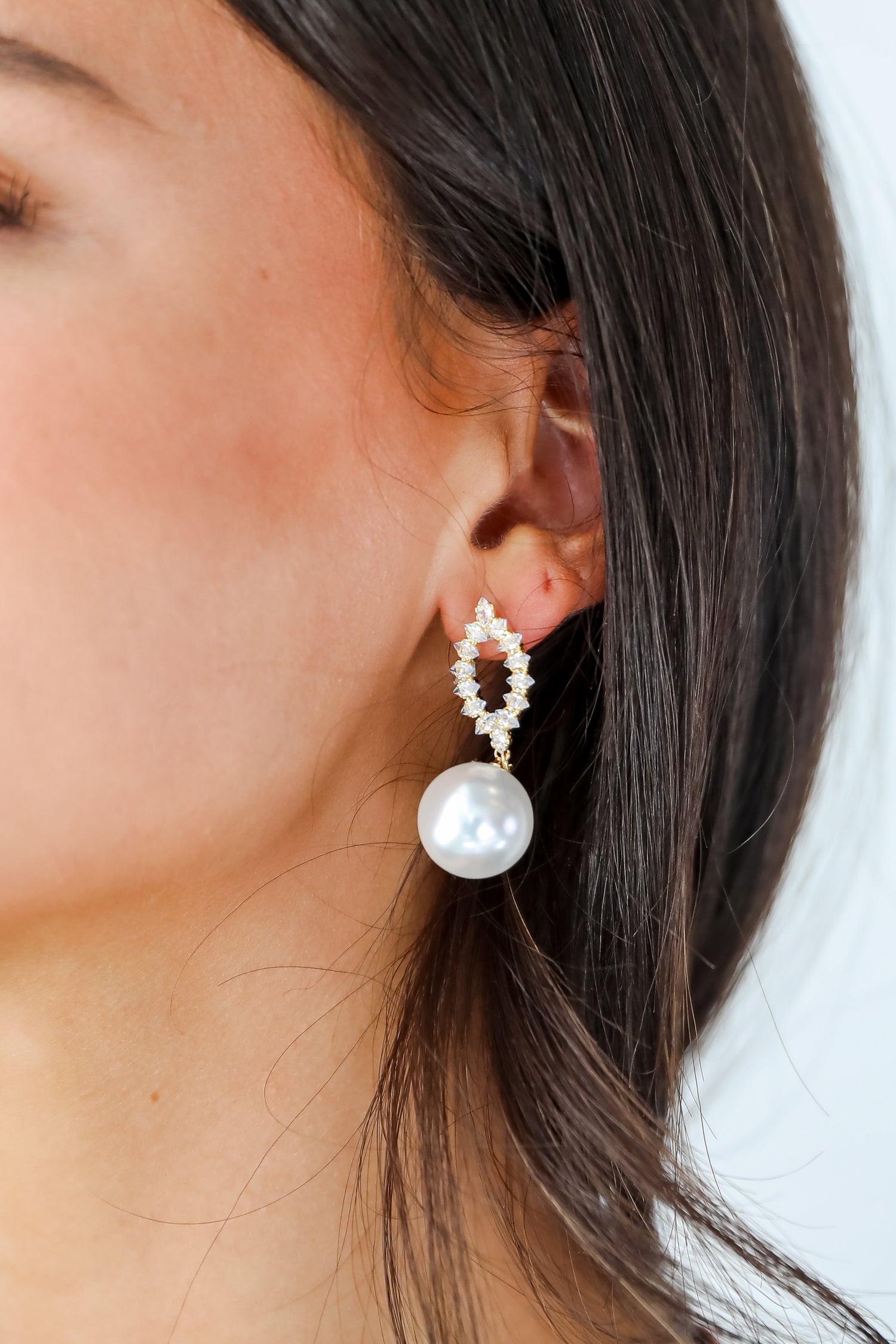 Lena White Rhinestone Pearl Drop Earrings