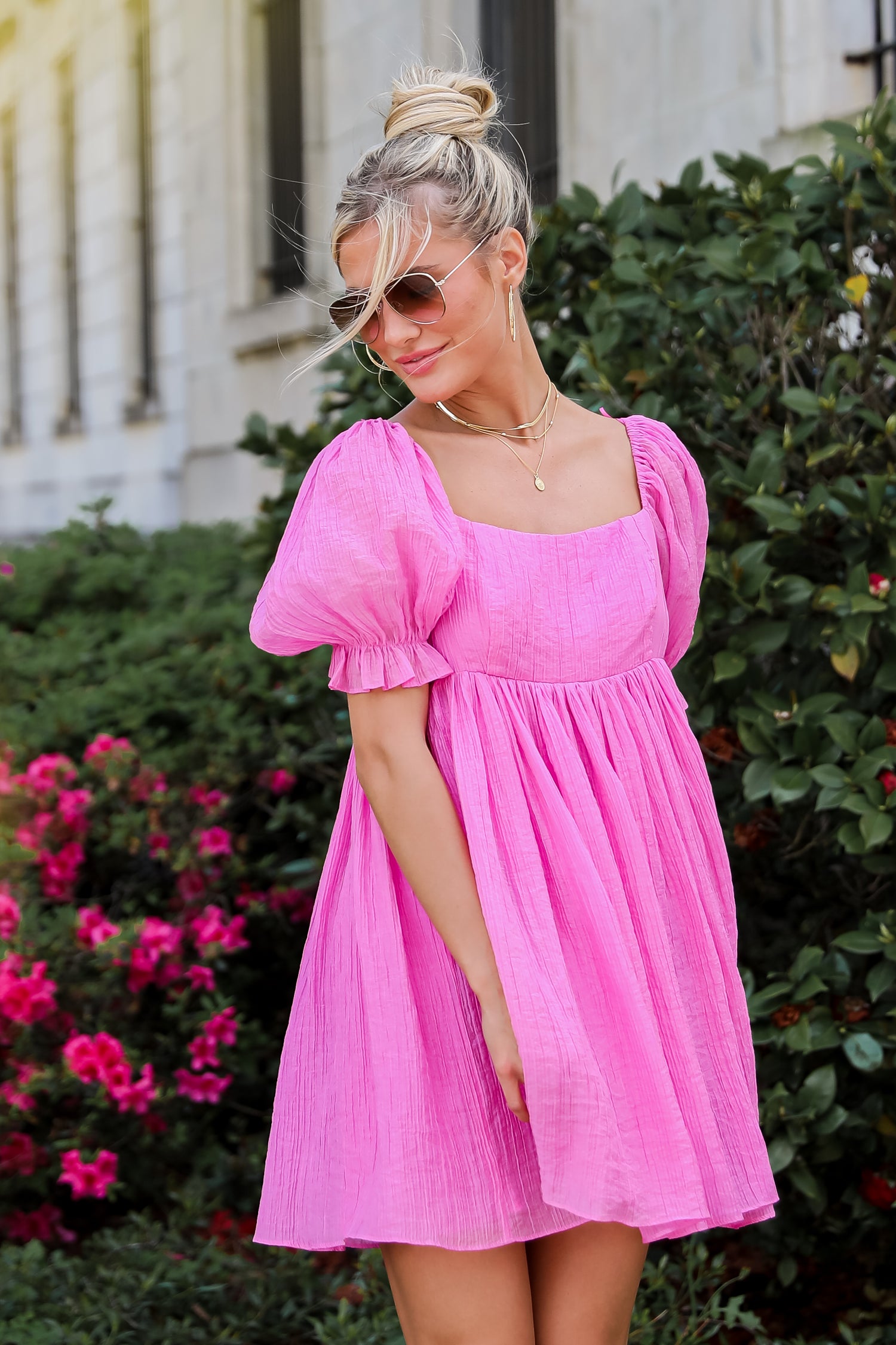 Pink Textured Babydoll Mini Dress