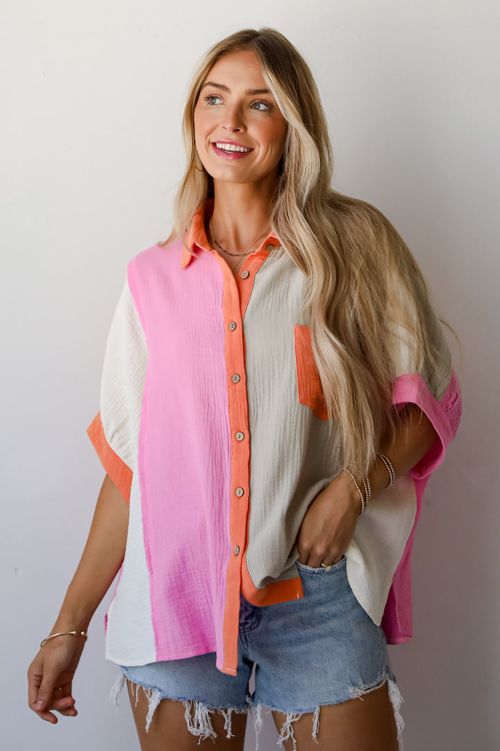 Daily Cuteness Color Block Linen Blouse