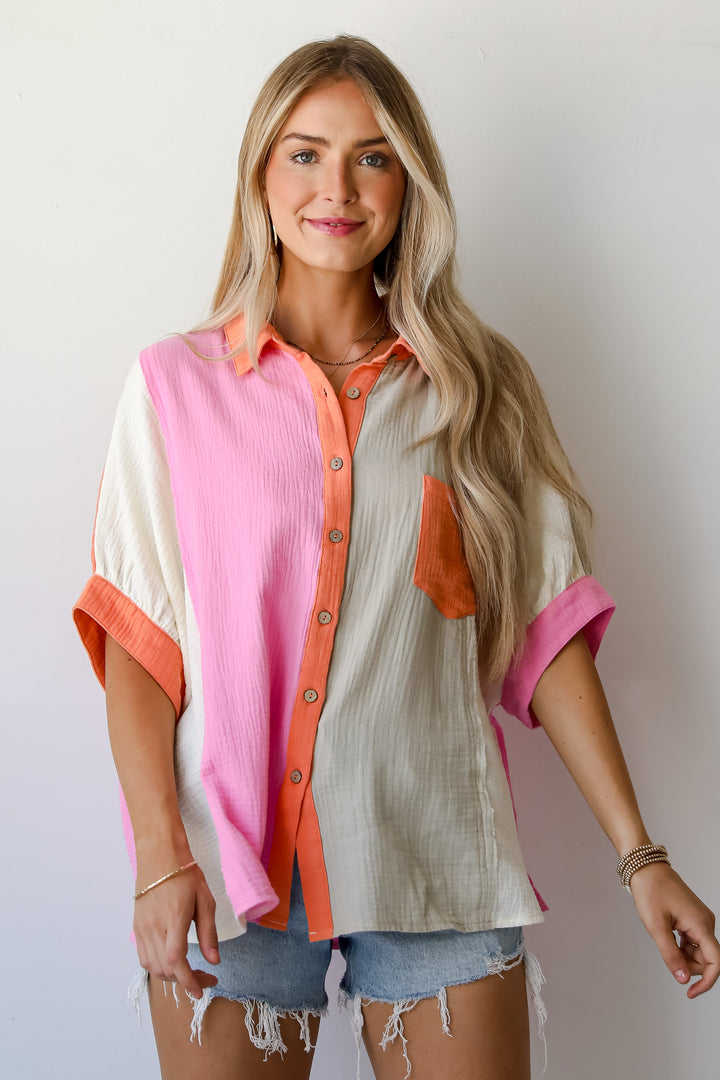 Daily Cuteness Color Block Linen Blouse