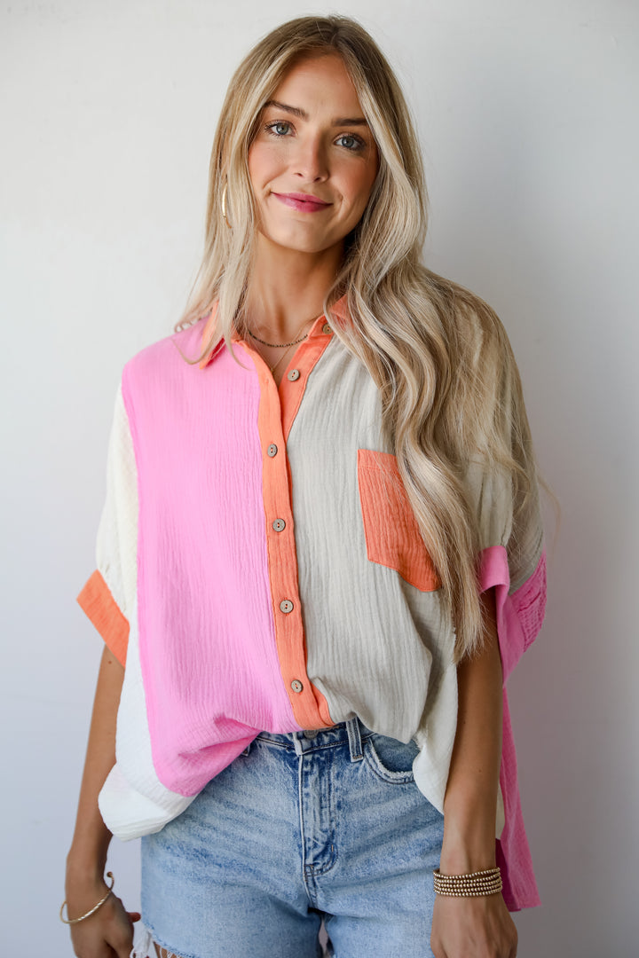 Daily Cuteness Color Block Linen Blouse