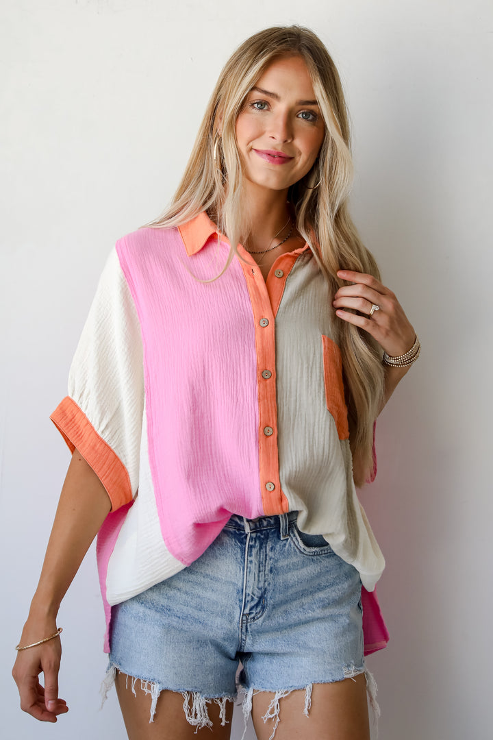 Daily Cuteness Color Block Linen Blouse