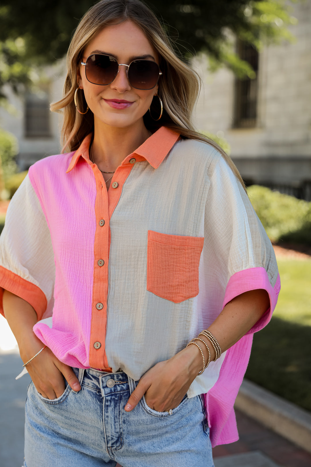 Daily Cuteness Color Block Linen Blouse