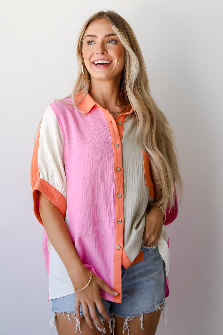 Daily Cuteness Color Block Linen Blouse