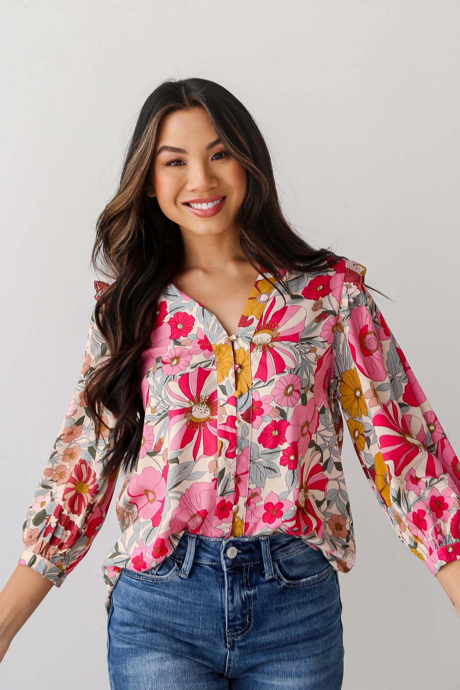 Pink Floral Blouse on model