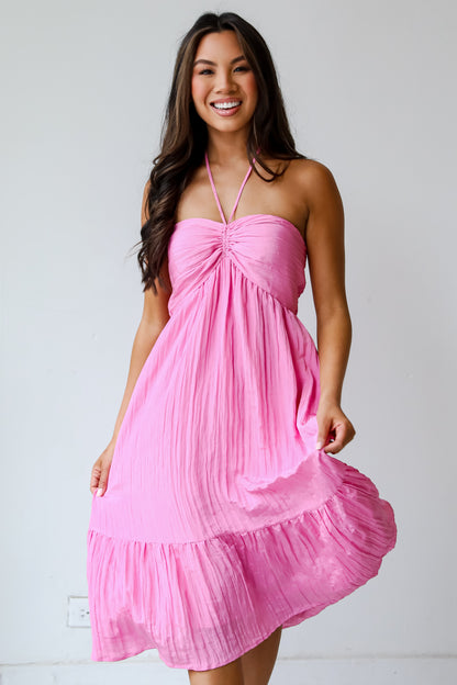 Sunny Serenity Pink Halter Midi Dress