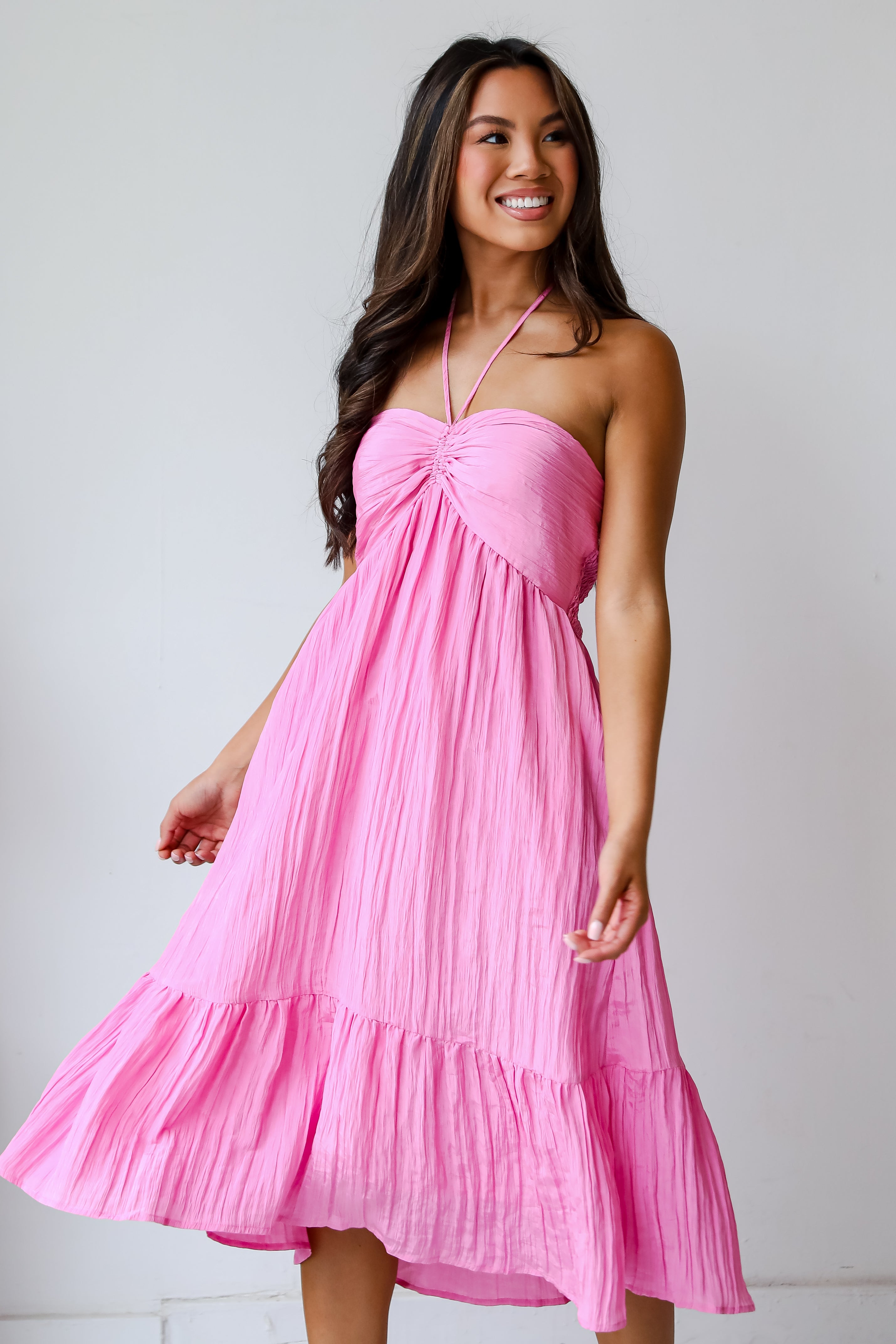 Sunny Serenity Pink Halter Midi Dress