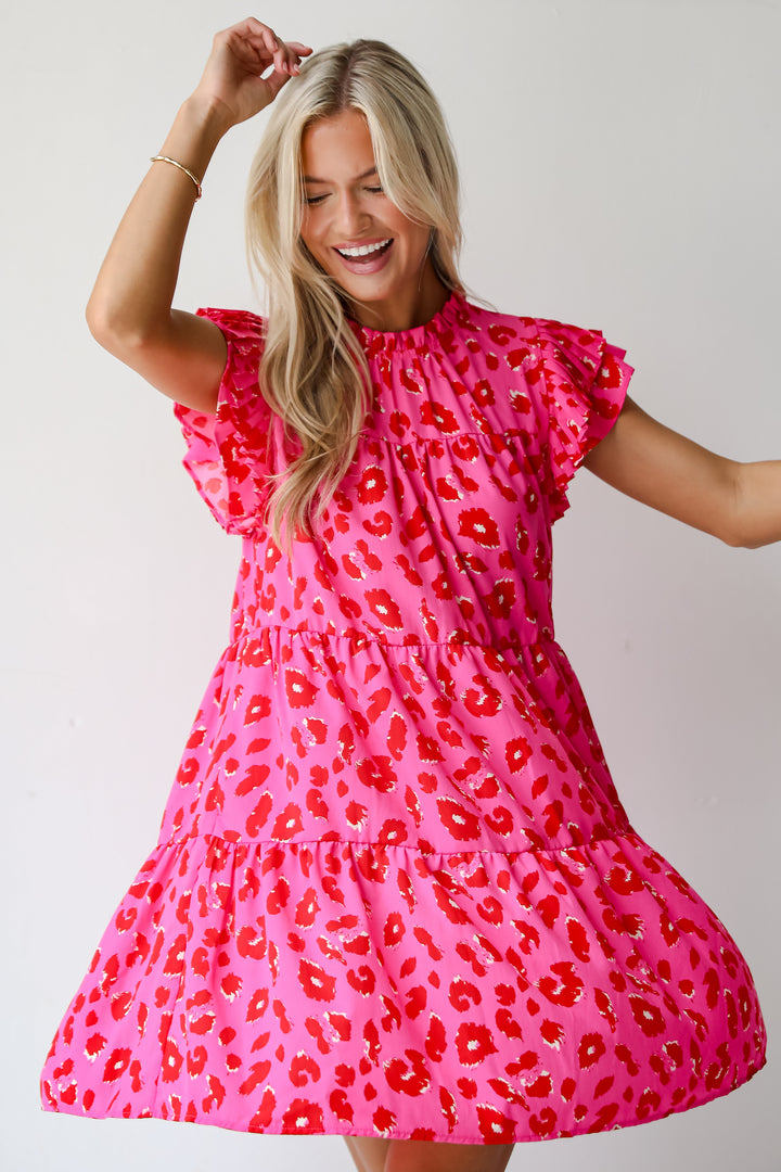 Latest Crush Hot Pink Leopard Tiered Mini Dress