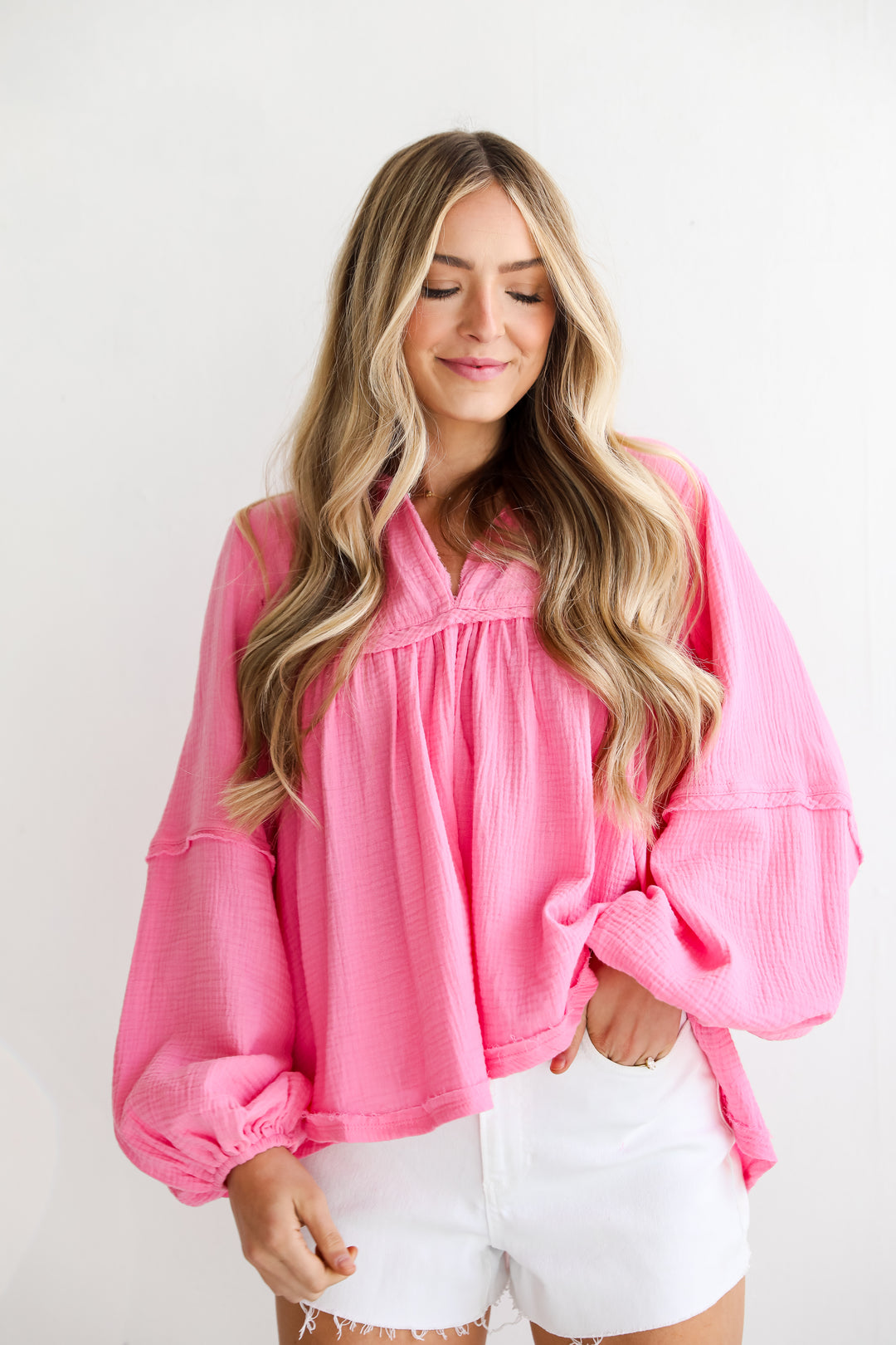 trendy Pink Linen Babydoll Blouse