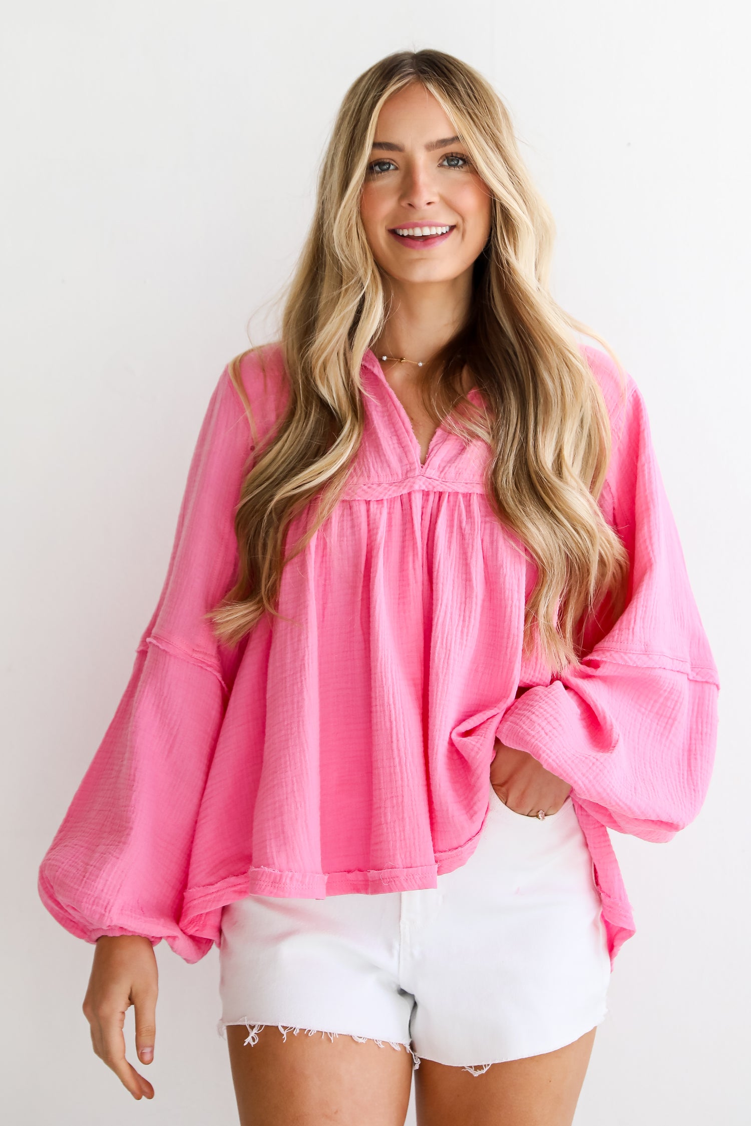 cute Pink Linen Babydoll Blouse