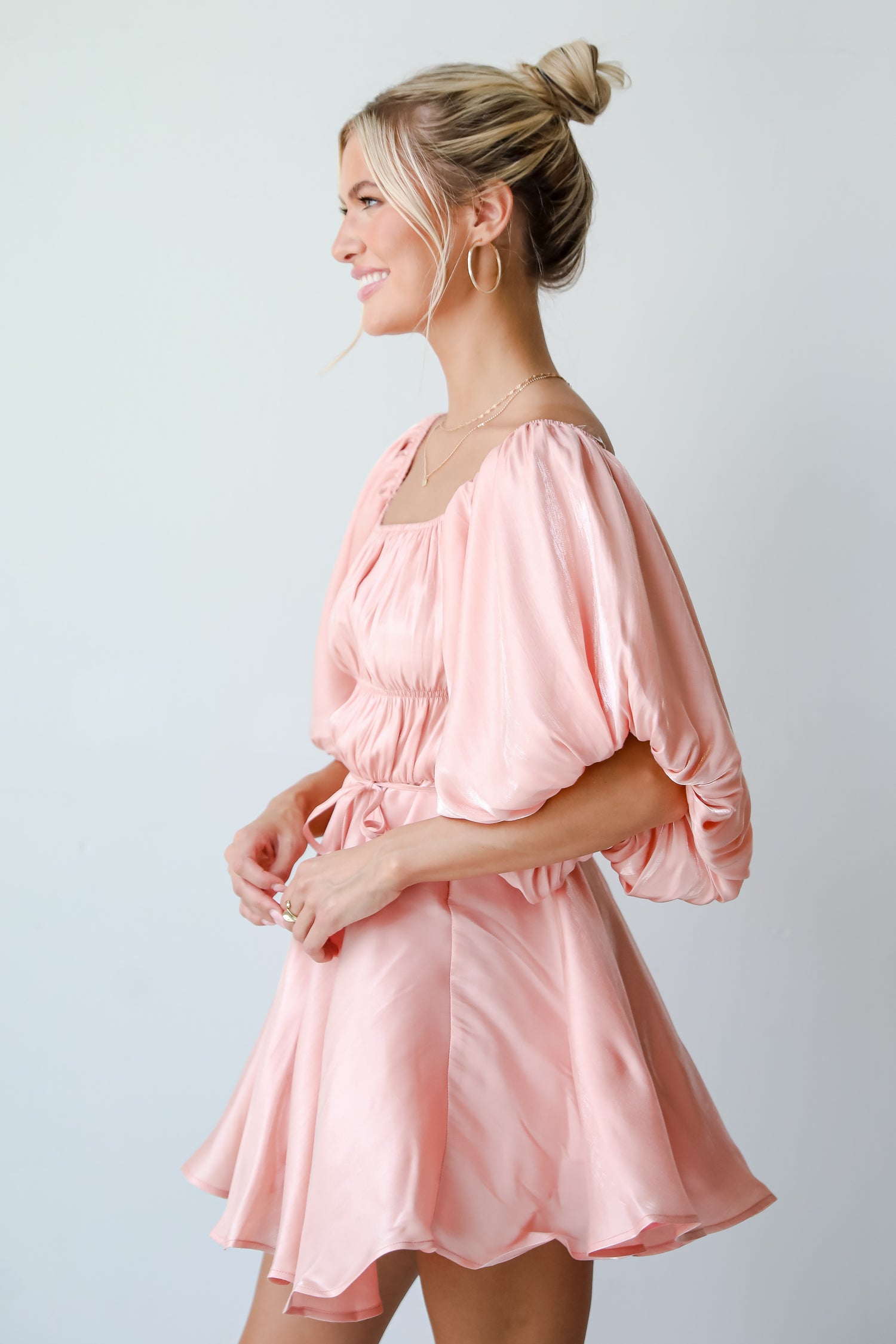 Indescribable Glow Blush Puff Sleeve Mini Dress