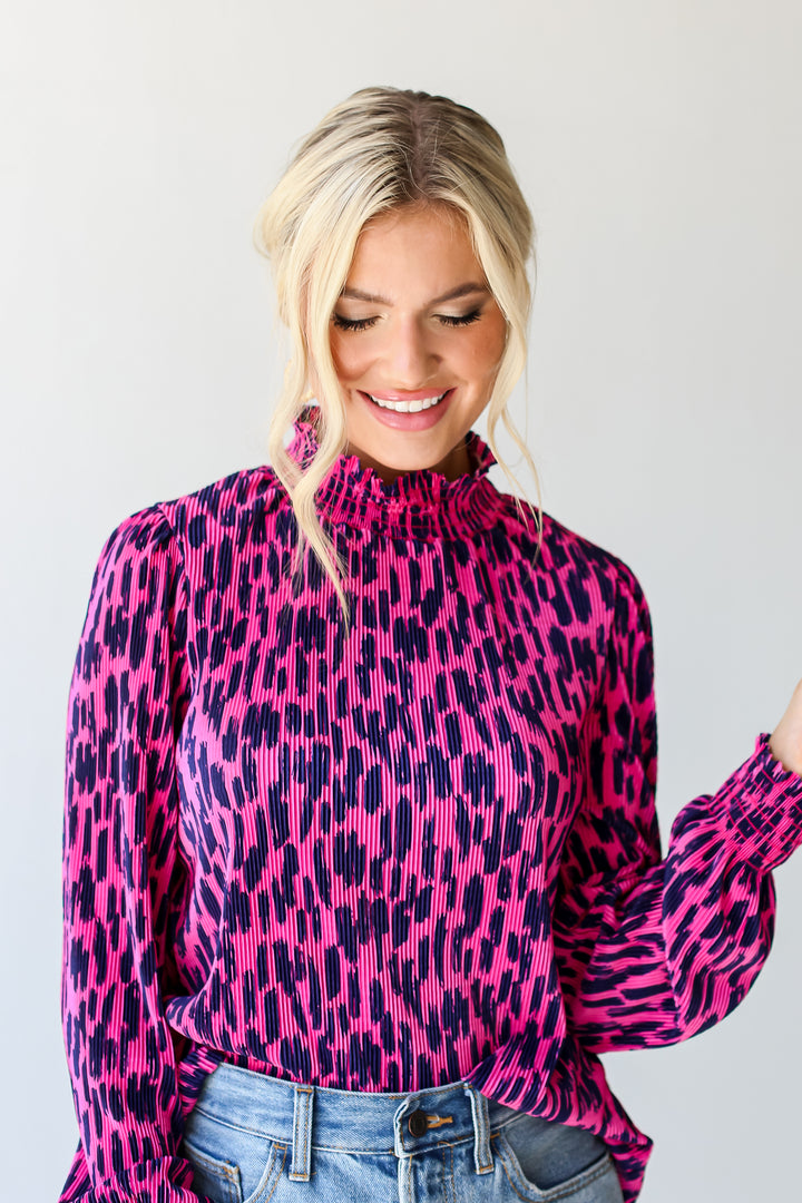 pink Plisse Mock Neck Top close up