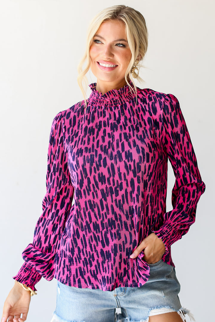 pink Plisse Mock Neck Top untucked