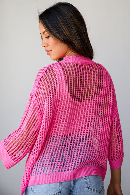 Oh So Sunny Pink Crochet Open Knit Top