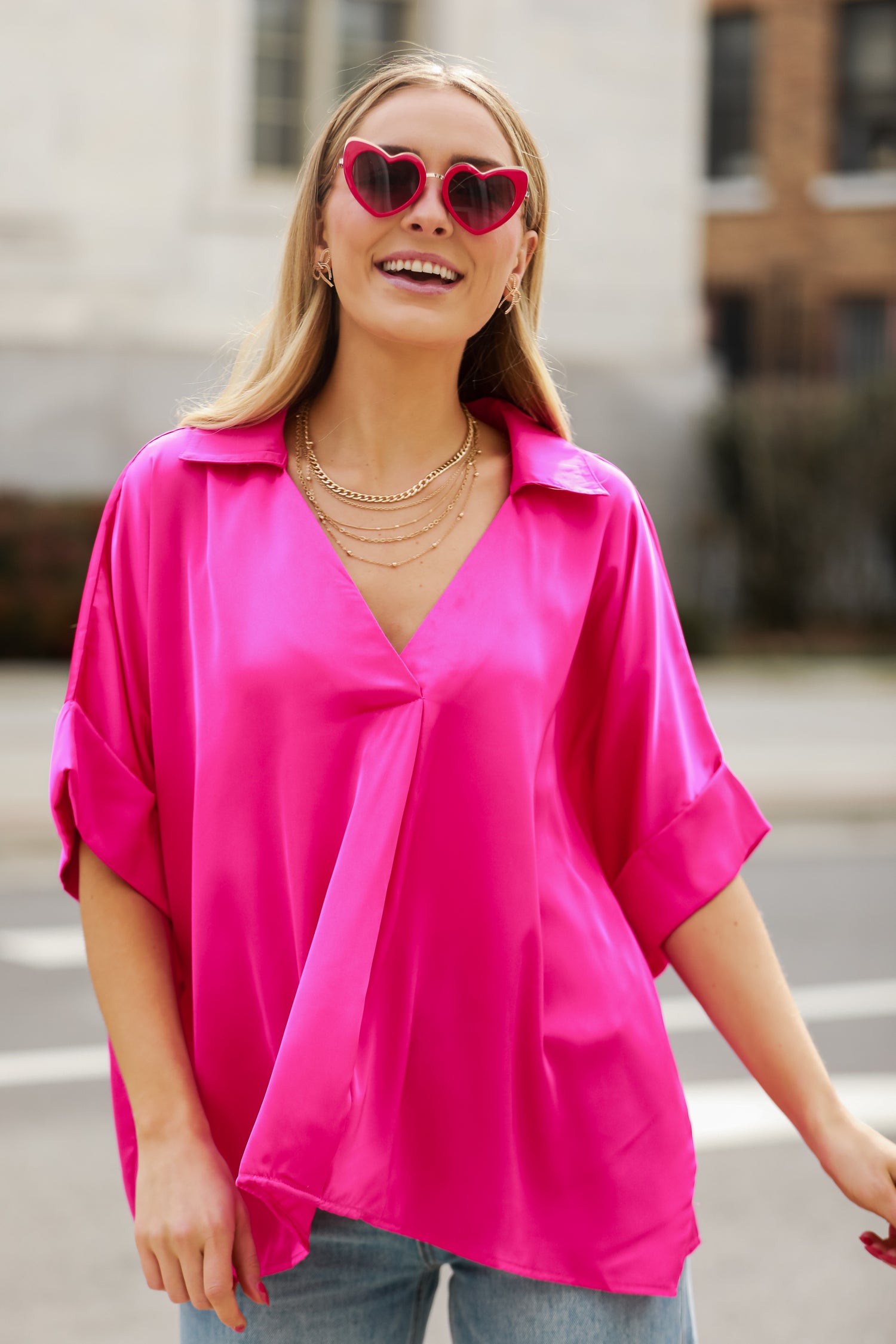 Hot Pink Satin Blouse