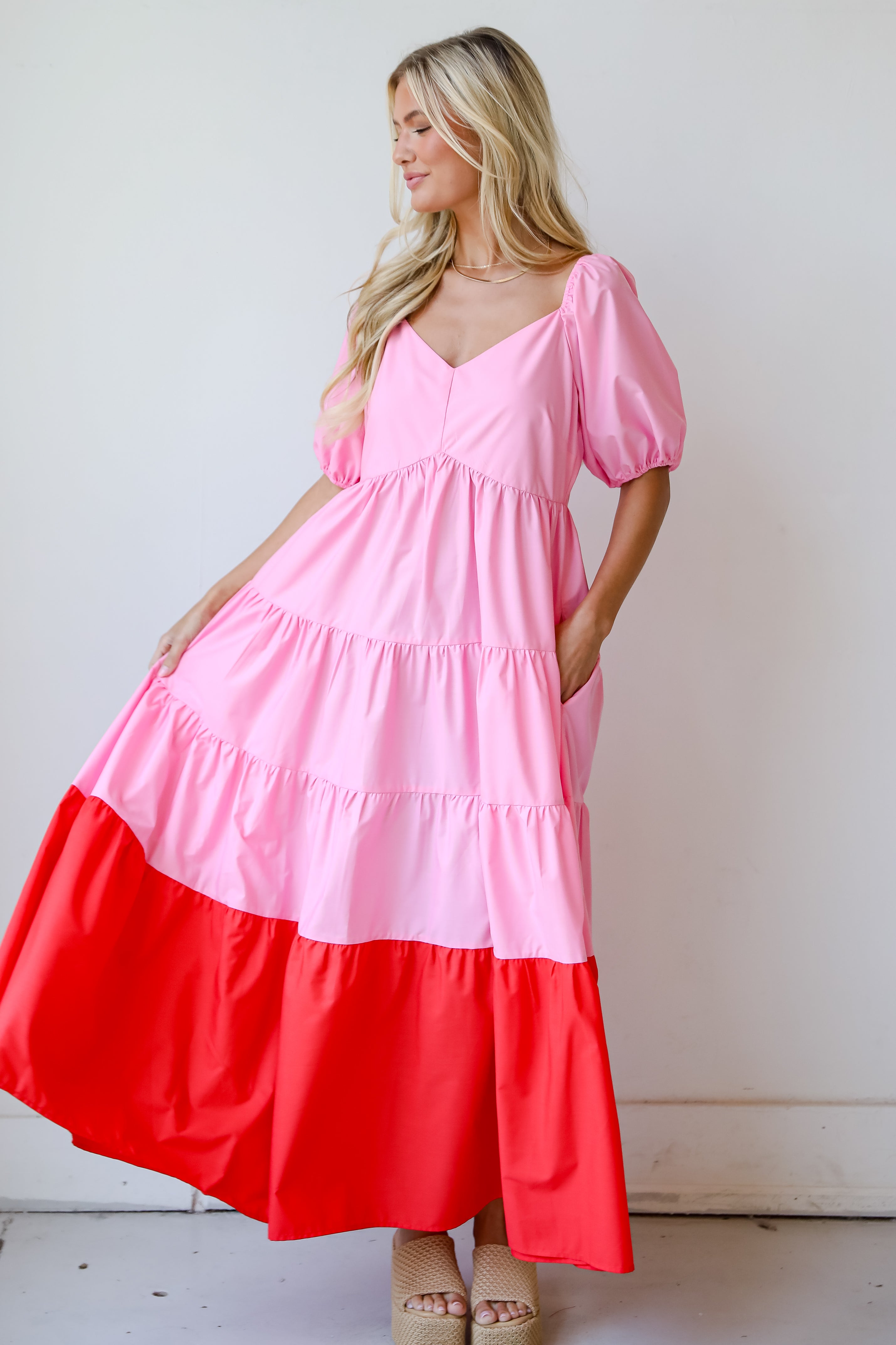 Pristine Presence Pink Tiered Maxi Dress