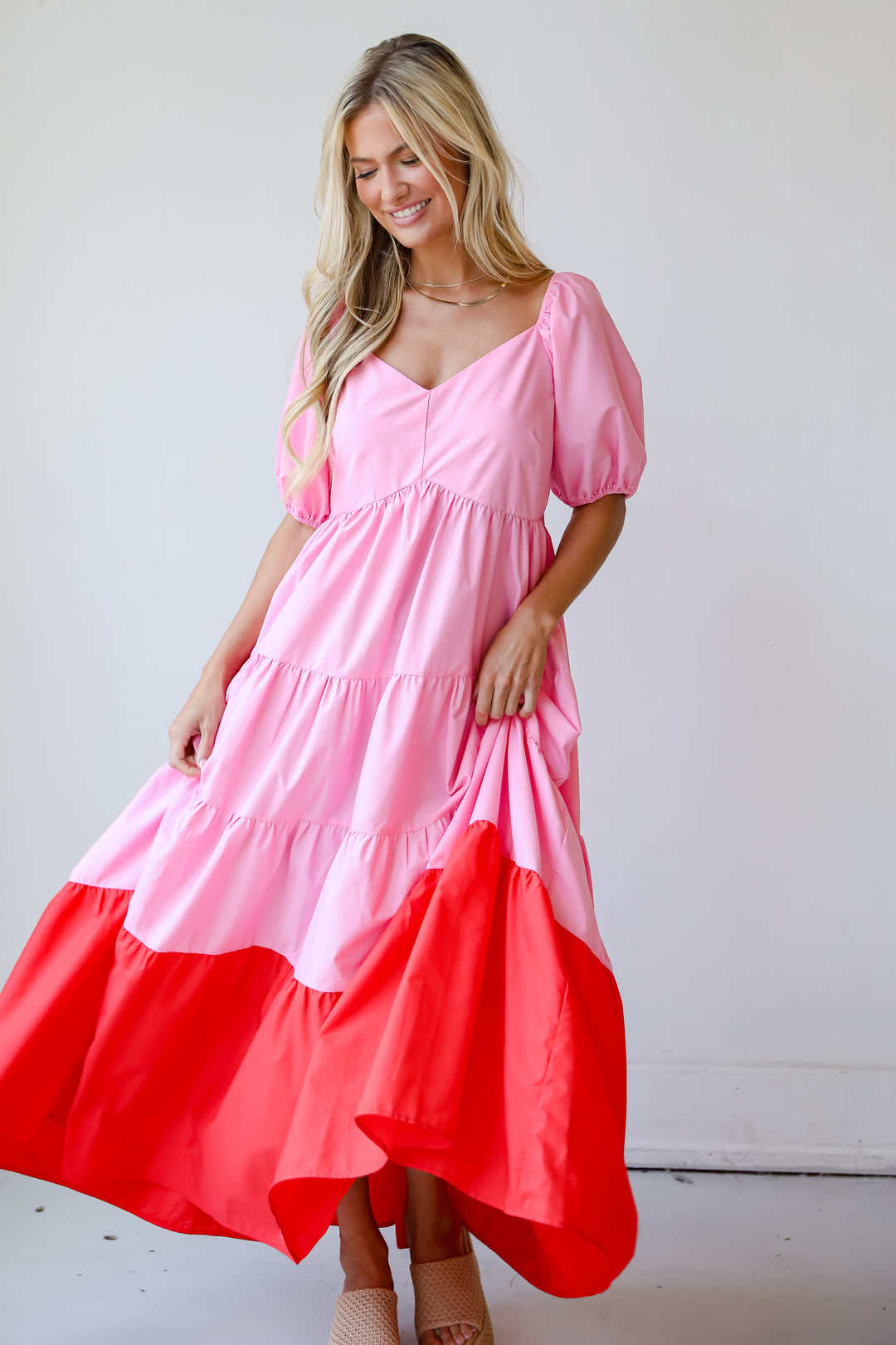 Pristine Presence Pink Tiered Maxi Dress