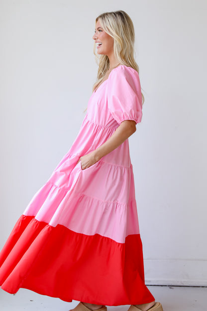 Pristine Presence Pink Tiered Maxi Dress