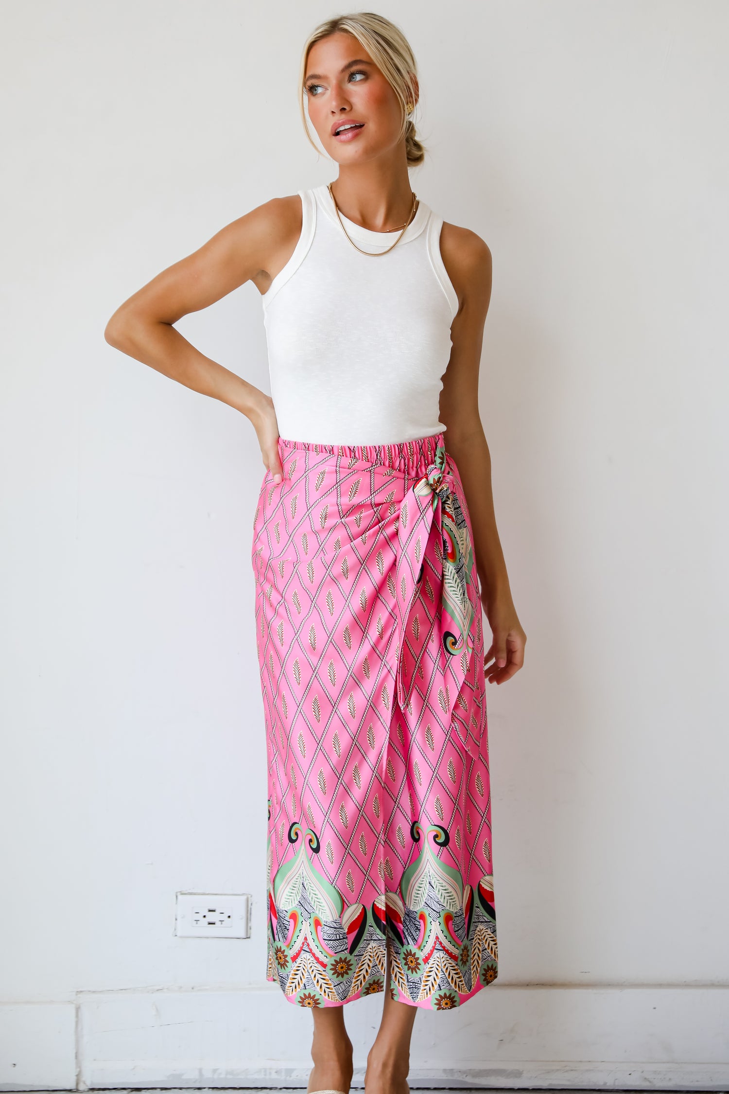 Exceptional Attitude Pink Satin Wrap Midi Skirt