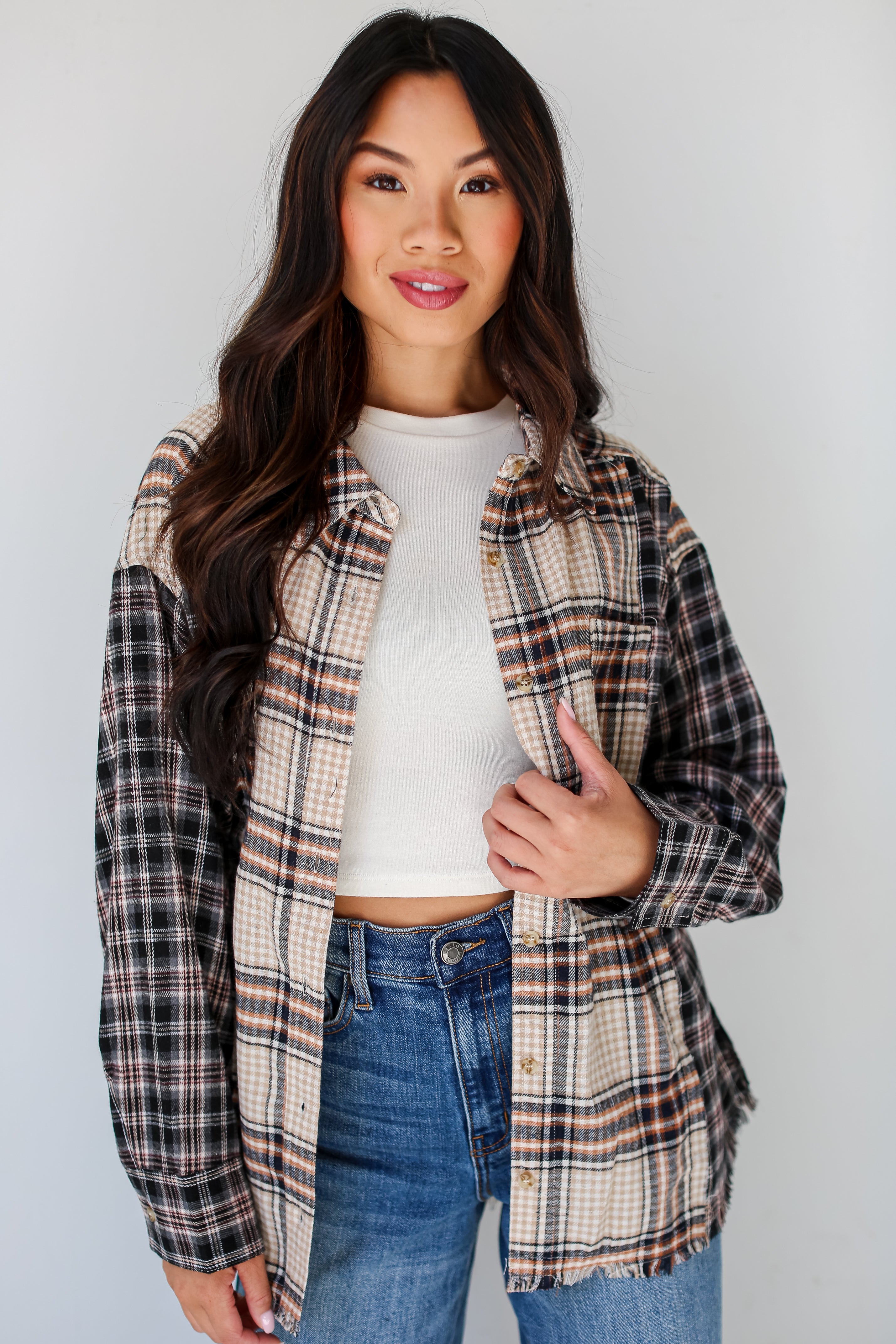 black Plaid Color Block Flannel unbuttoned