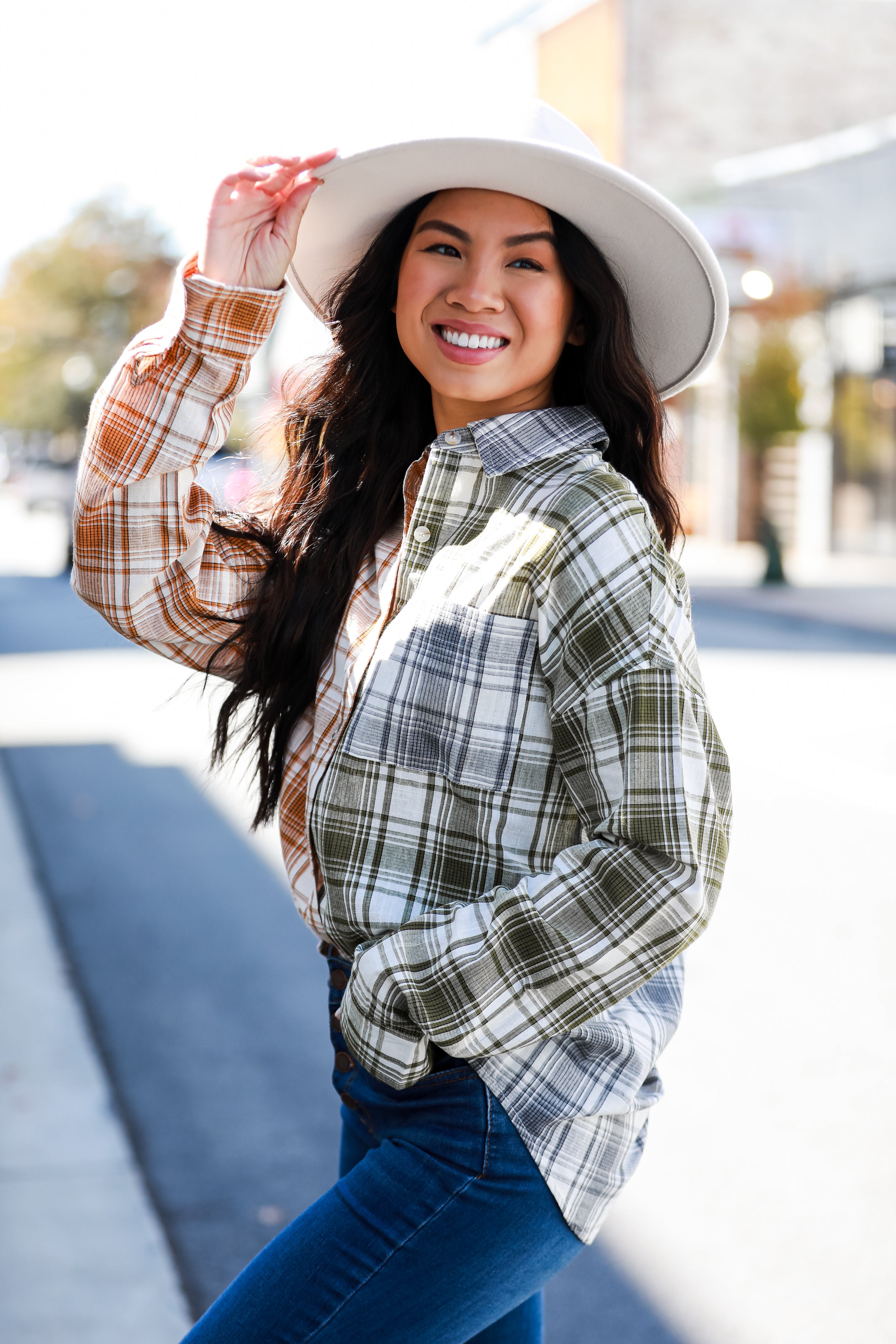 Green Color Block Plaid Flannel on model