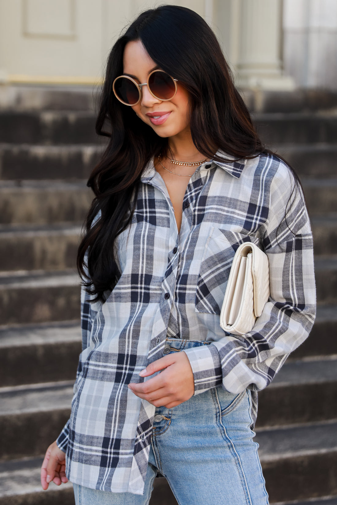 navy Plaid Flannel on model