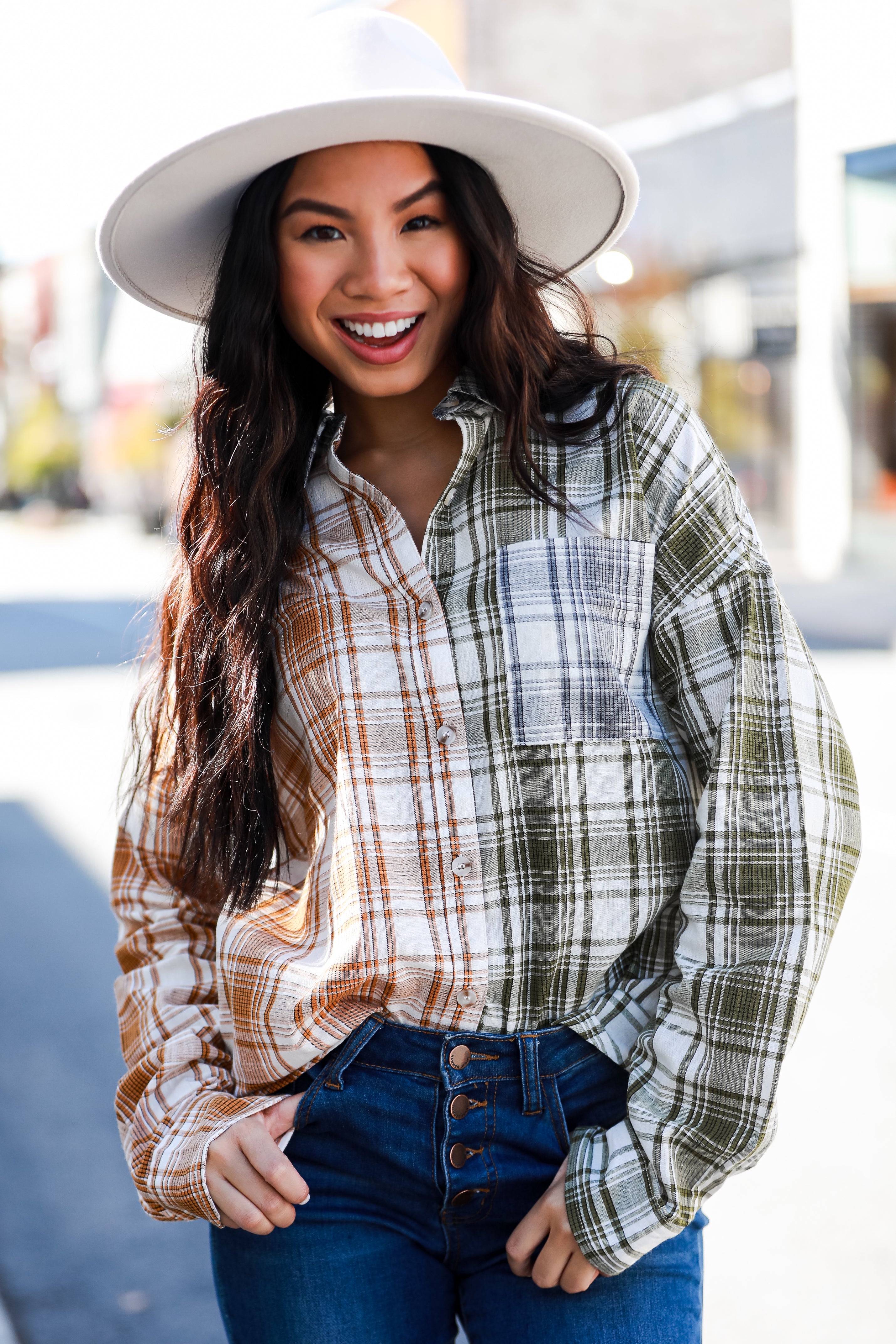 Green Color Block Plaid Flannel