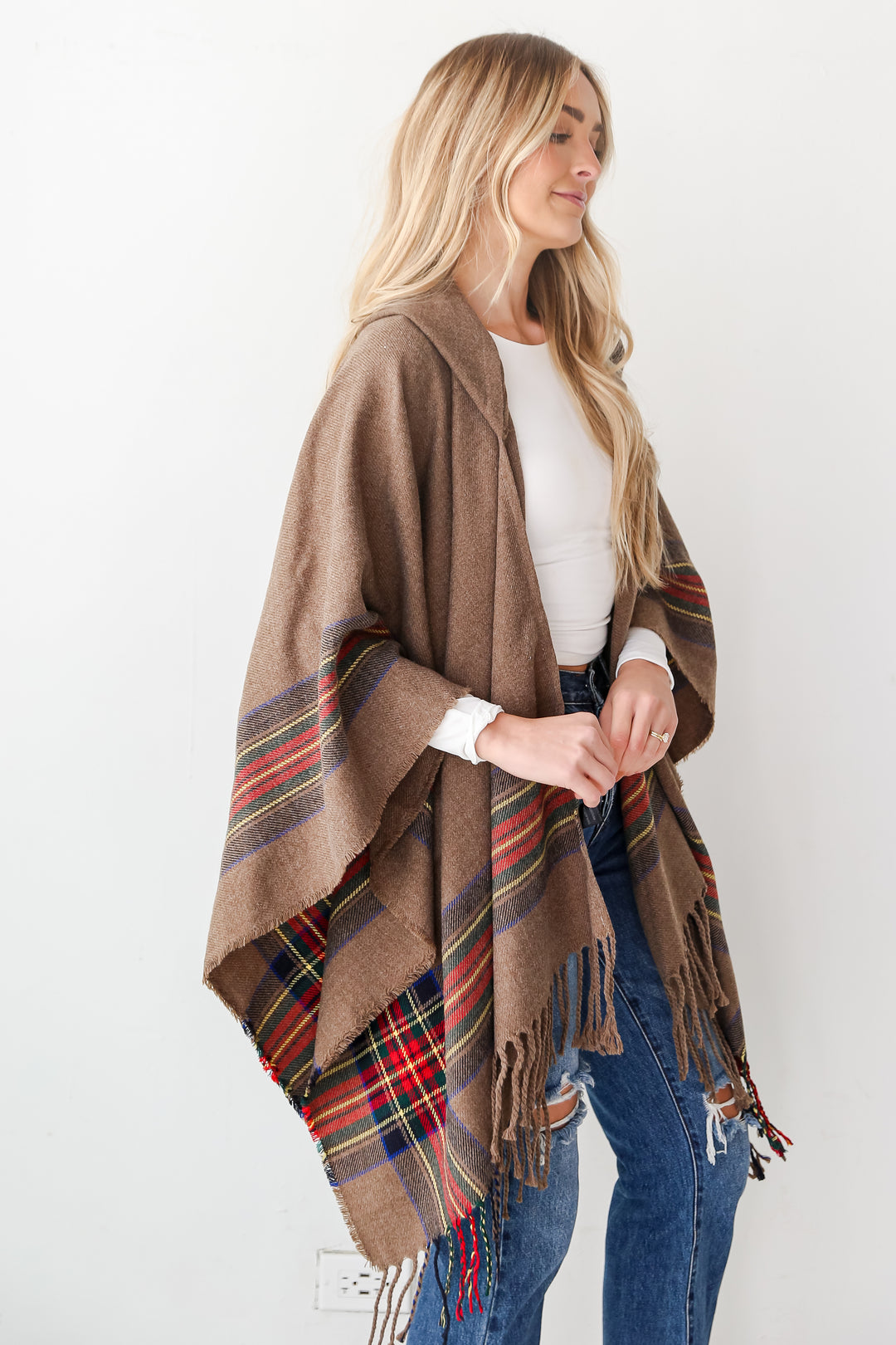 cozy Brown Plaid Fringe Hooded Shawl