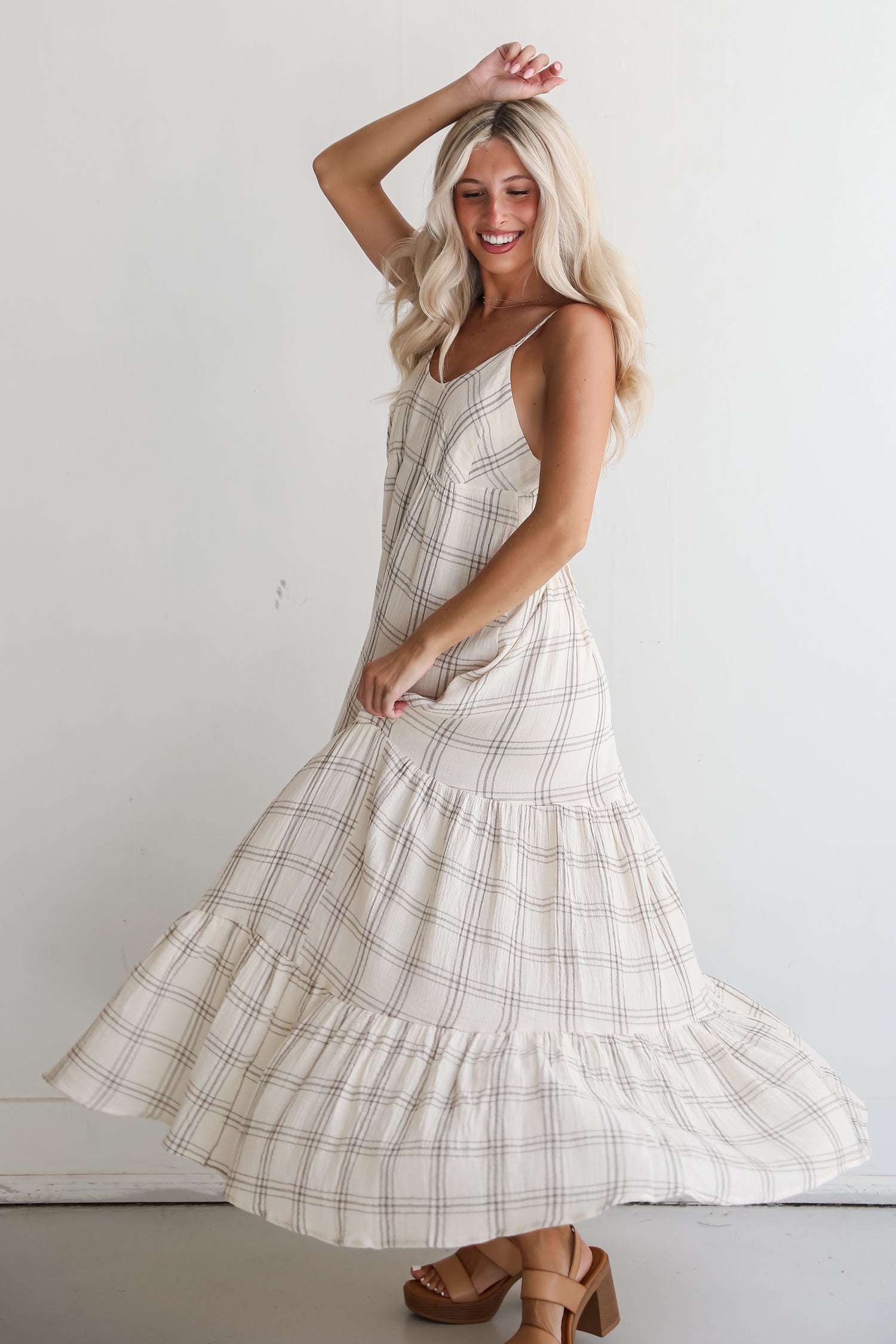 Playful Vibes Grey Plaid Linen Maxi Dress