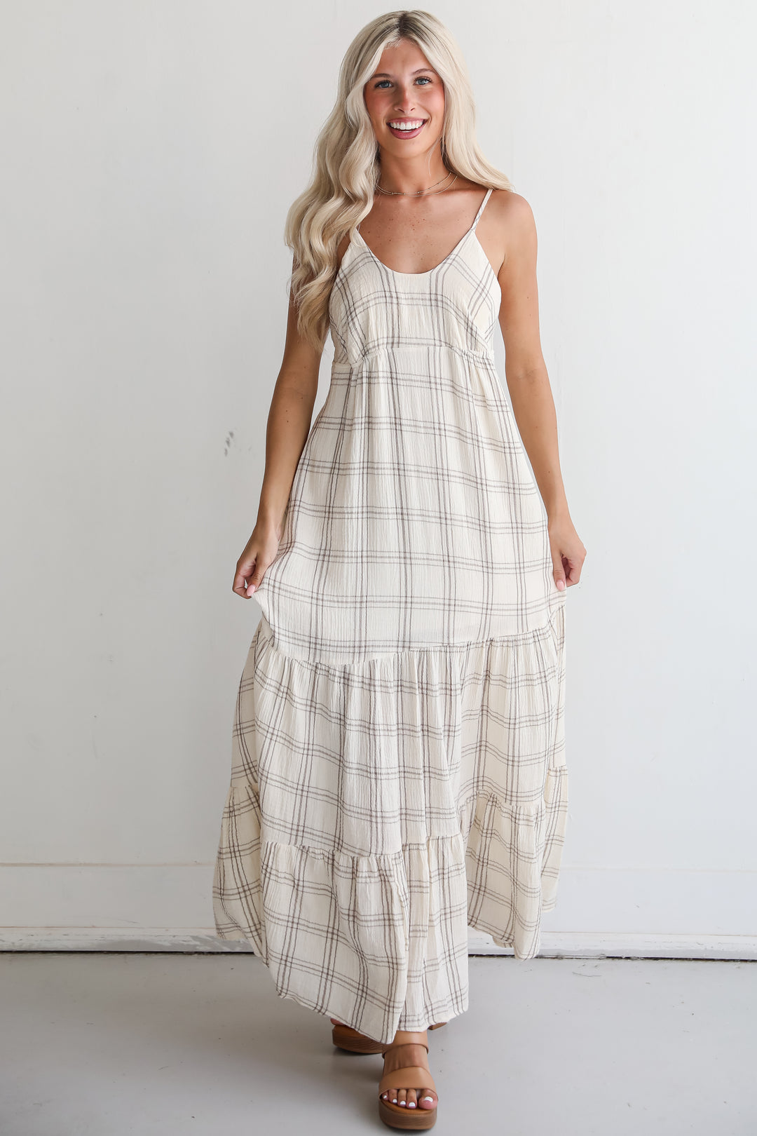 Playful Vibes Grey Plaid Linen Maxi Dress