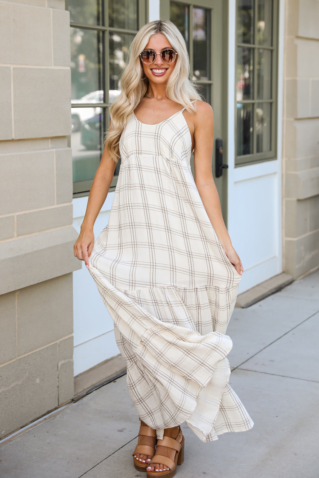 Playful Vibes Grey Plaid Linen Maxi Dress