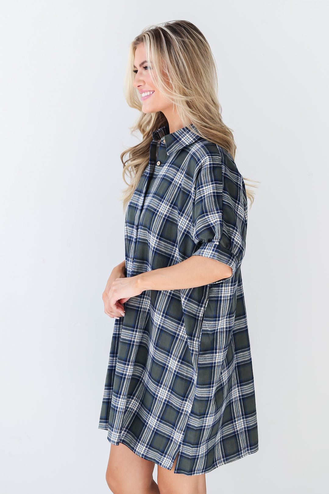 model wearing an Olive Plaid Mini Dress