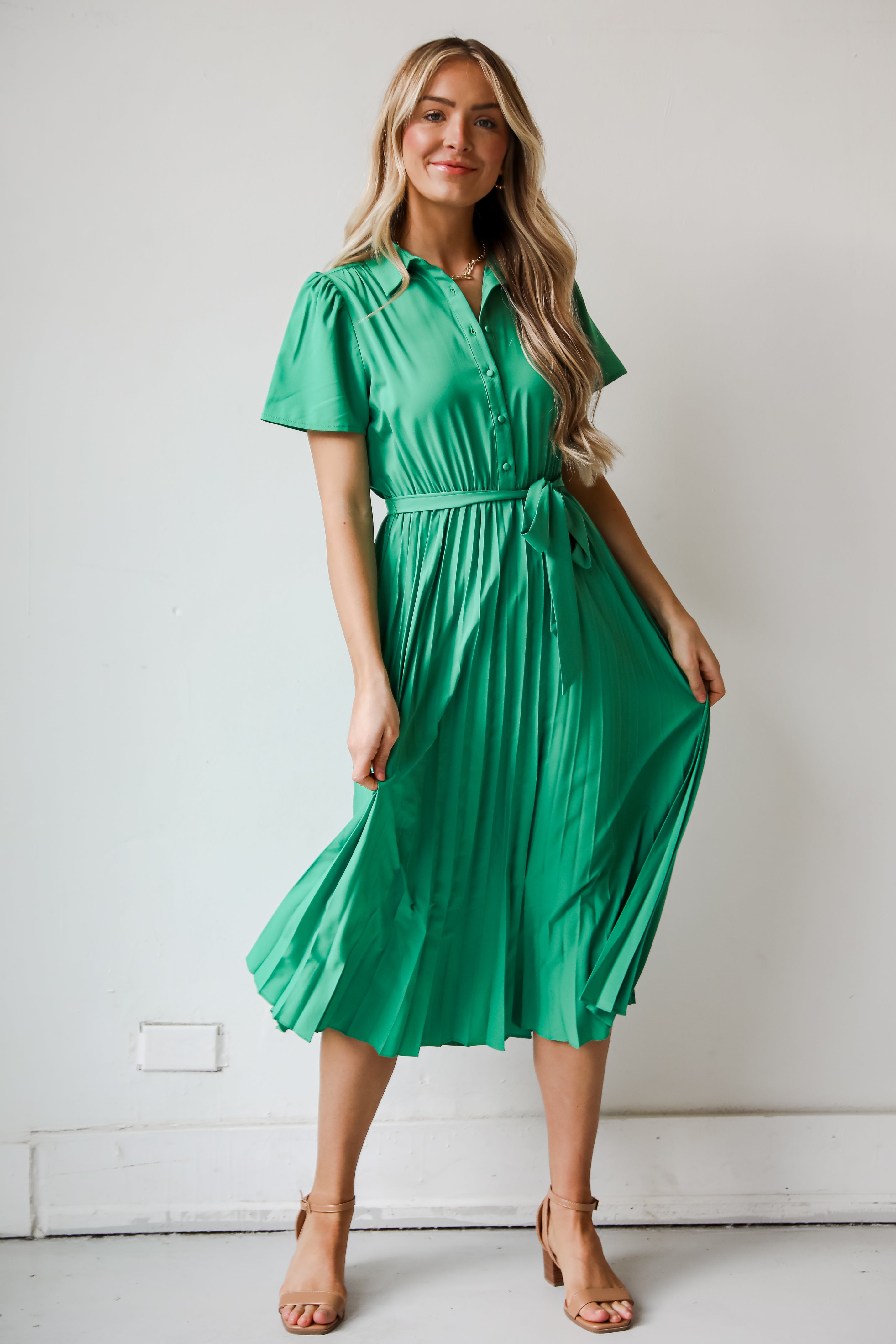 green Pleated Midi Dress front view