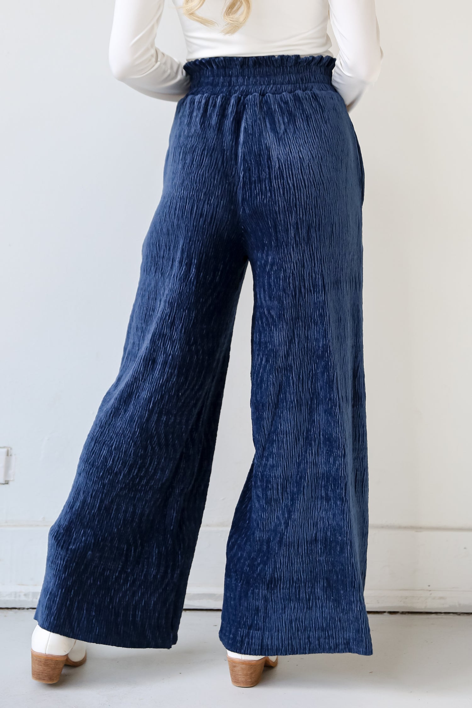 navy blue Velvet Plisse Pants back view