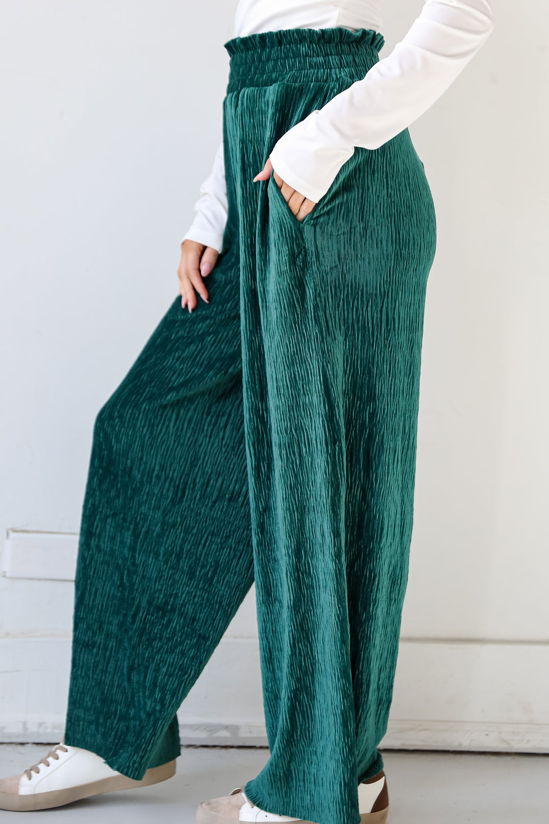 green Velvet Plisse Pants side view