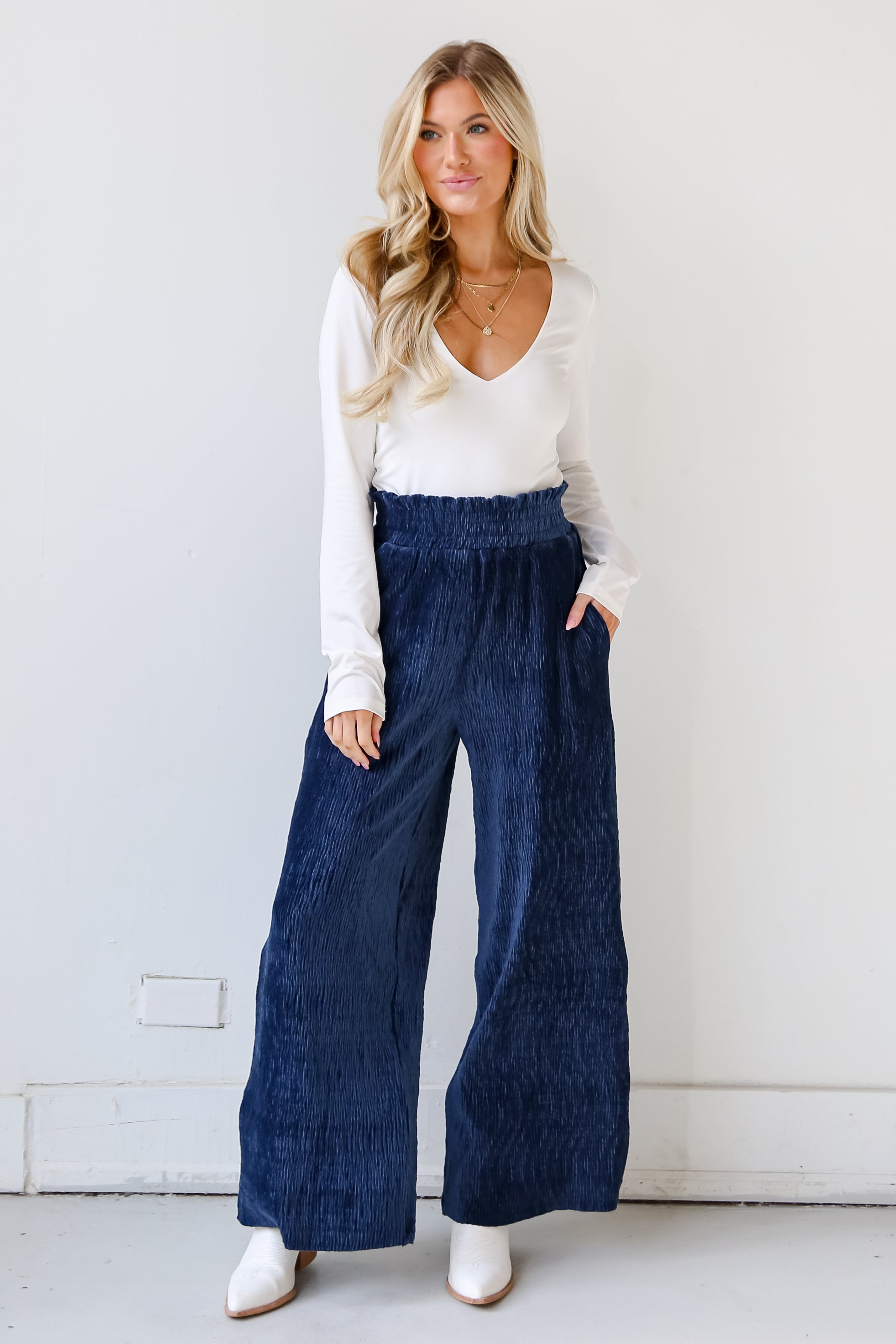 blue Velvet Plisse Pants for women