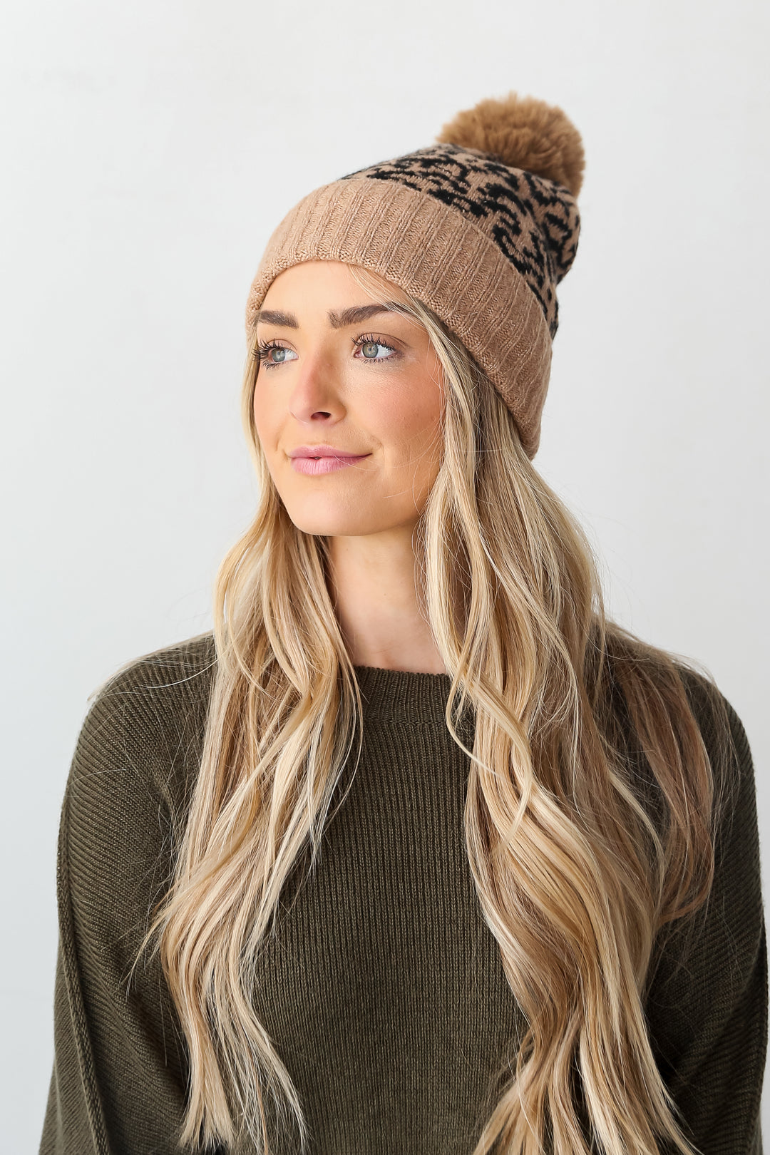 brown Leopard Pom Pom Beanie on model