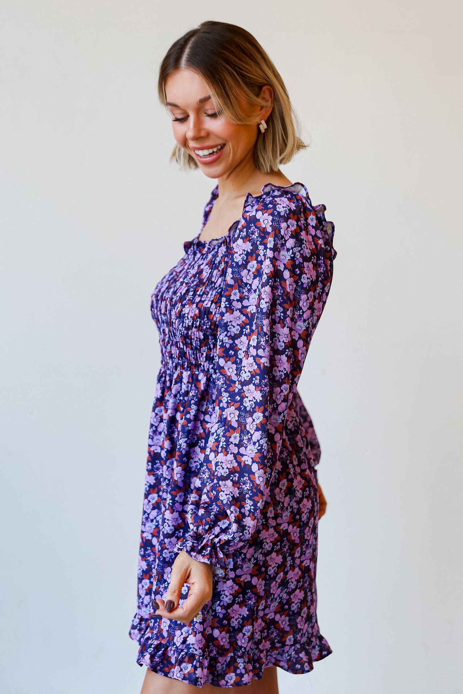 long sleeve Purple Floral Mini Dress