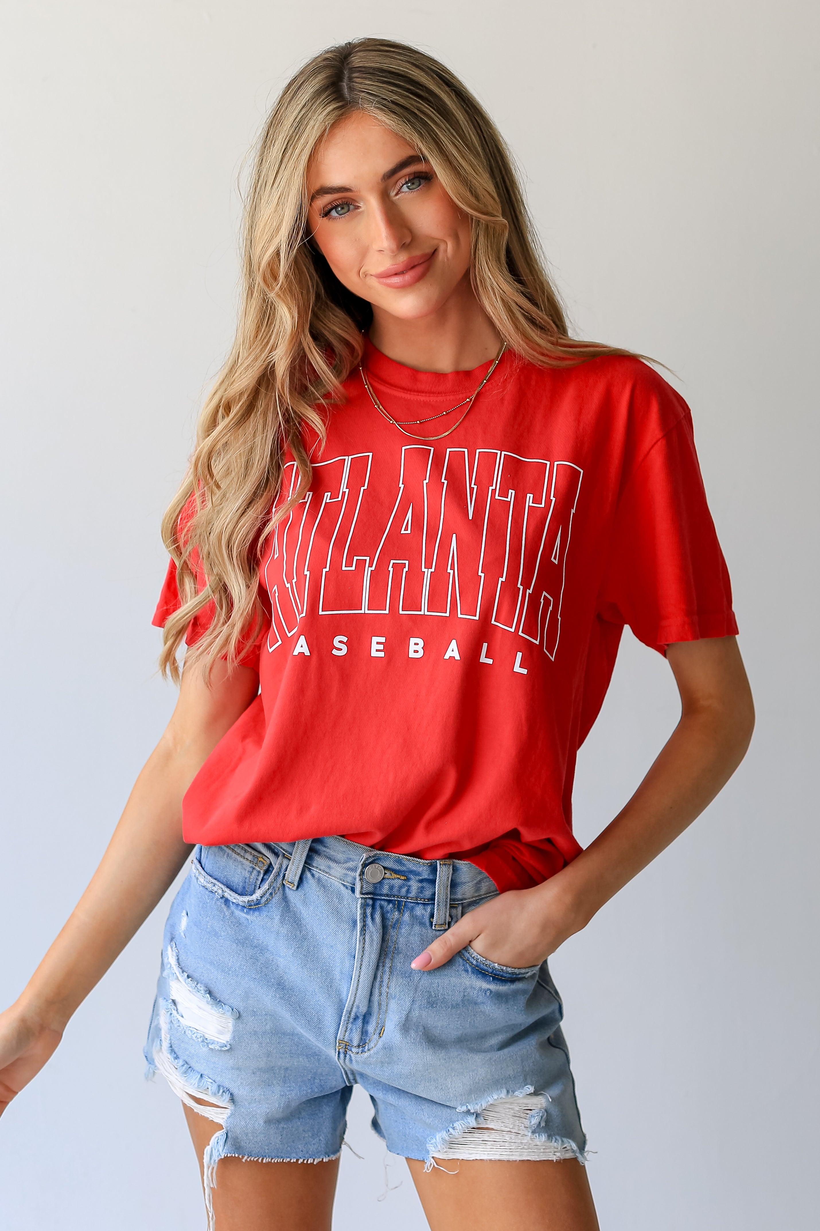 Red Atlanta Baseball Block Letter Tee close up