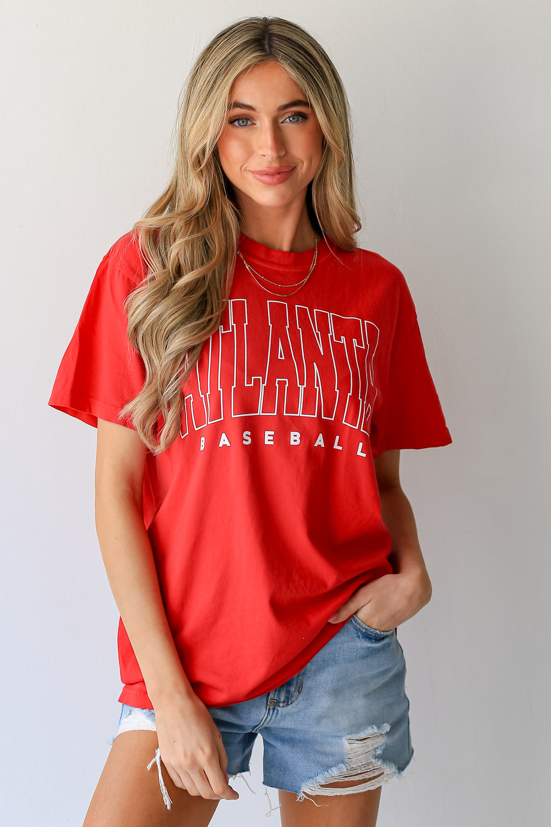 Red Atlanta Baseball Block Letter Tee on model