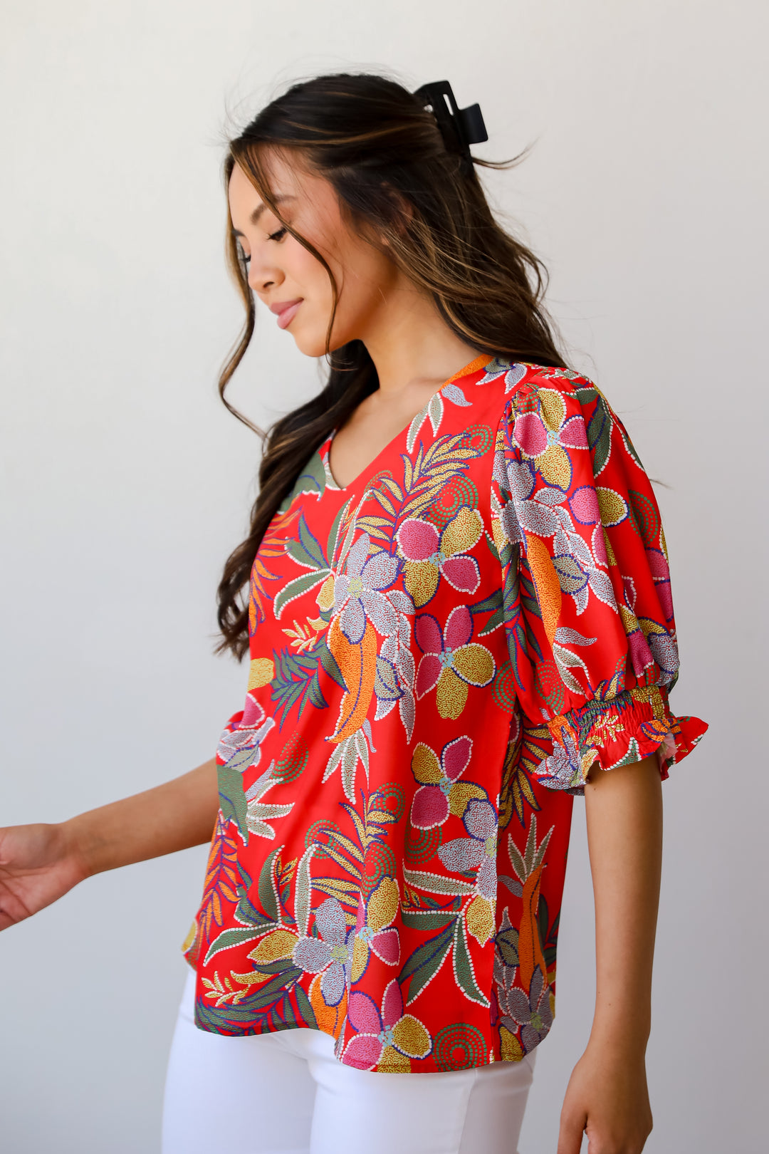 Red Floral Blouse on model