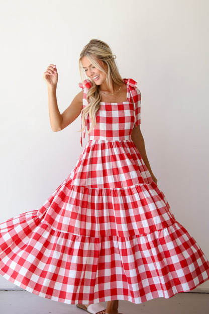 Red Gingham Tiered Maxi Dress